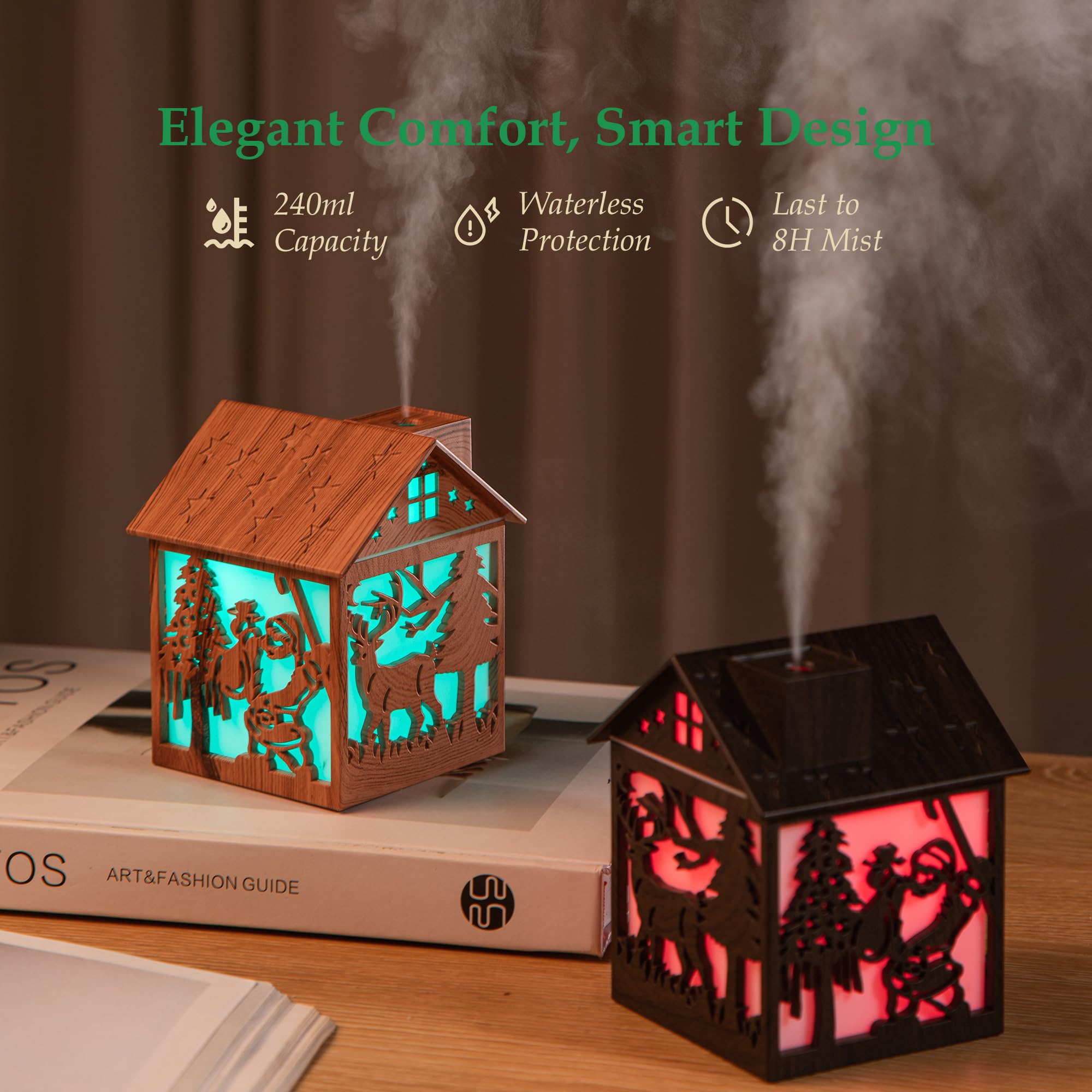 Humidificateur de maison en bois de Noël – Mini humidificateur à brume froide de 240 ml avec design Père Noël LED, lumières 7 couleurs, alimenté par USB, arrêt automatique, cadeau de décoration de