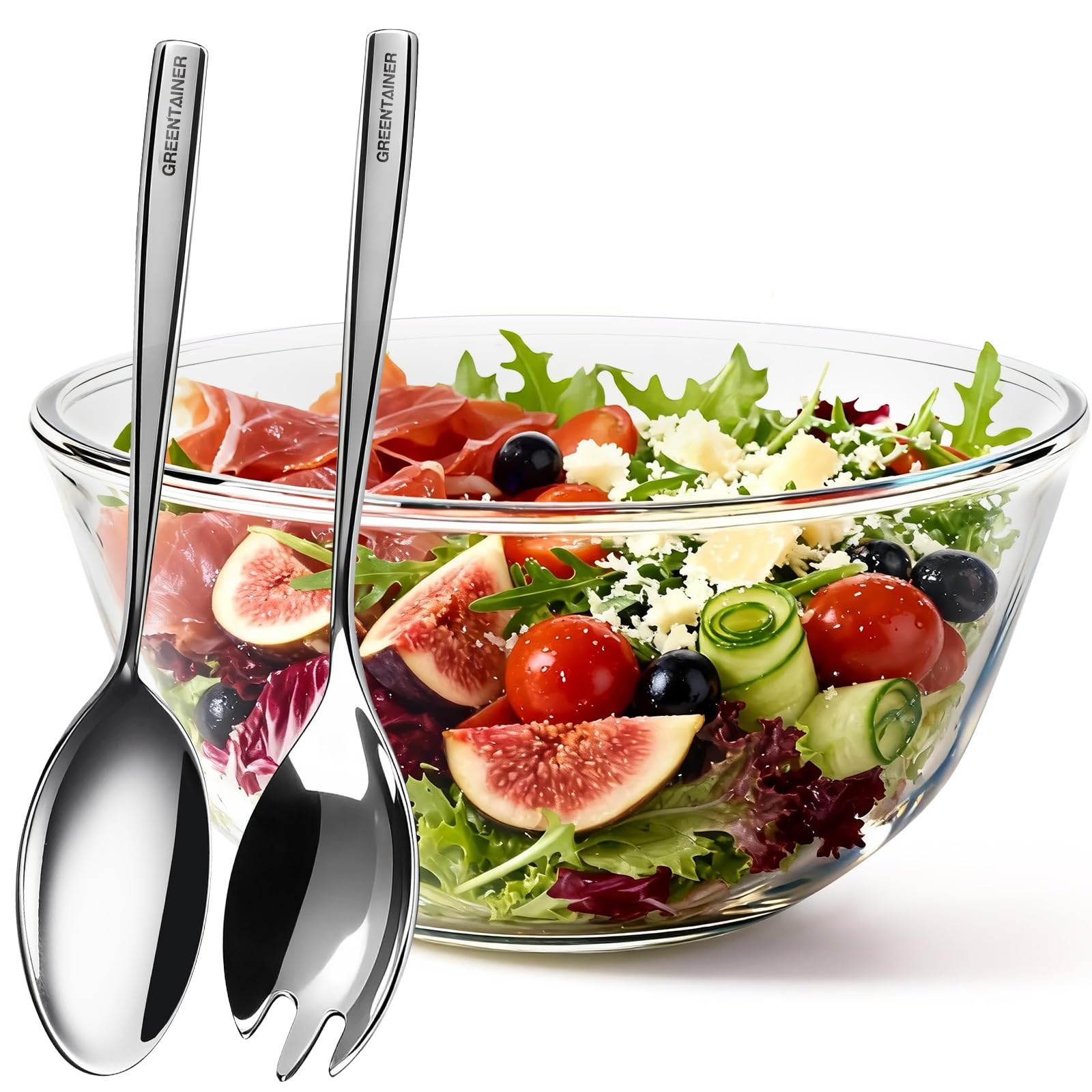 Greentainer Glass Salad Bowl with Stainless Steel Fork & Spoon, Large Mixing Bowl 4.25L Salad Serving Bowl for Baking, Cooking, Prepping & Food Prep, Dishwasher & Microwave Safe