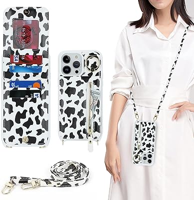 DEYHU iPhone 14 pro max Case with Card Holder for Women, iPhone 14 pro max Phone Case Wallet with Strap Credit Card Slots Crossbody with Kickstand Zipper Case for iPhone14promax - Black Cow Print