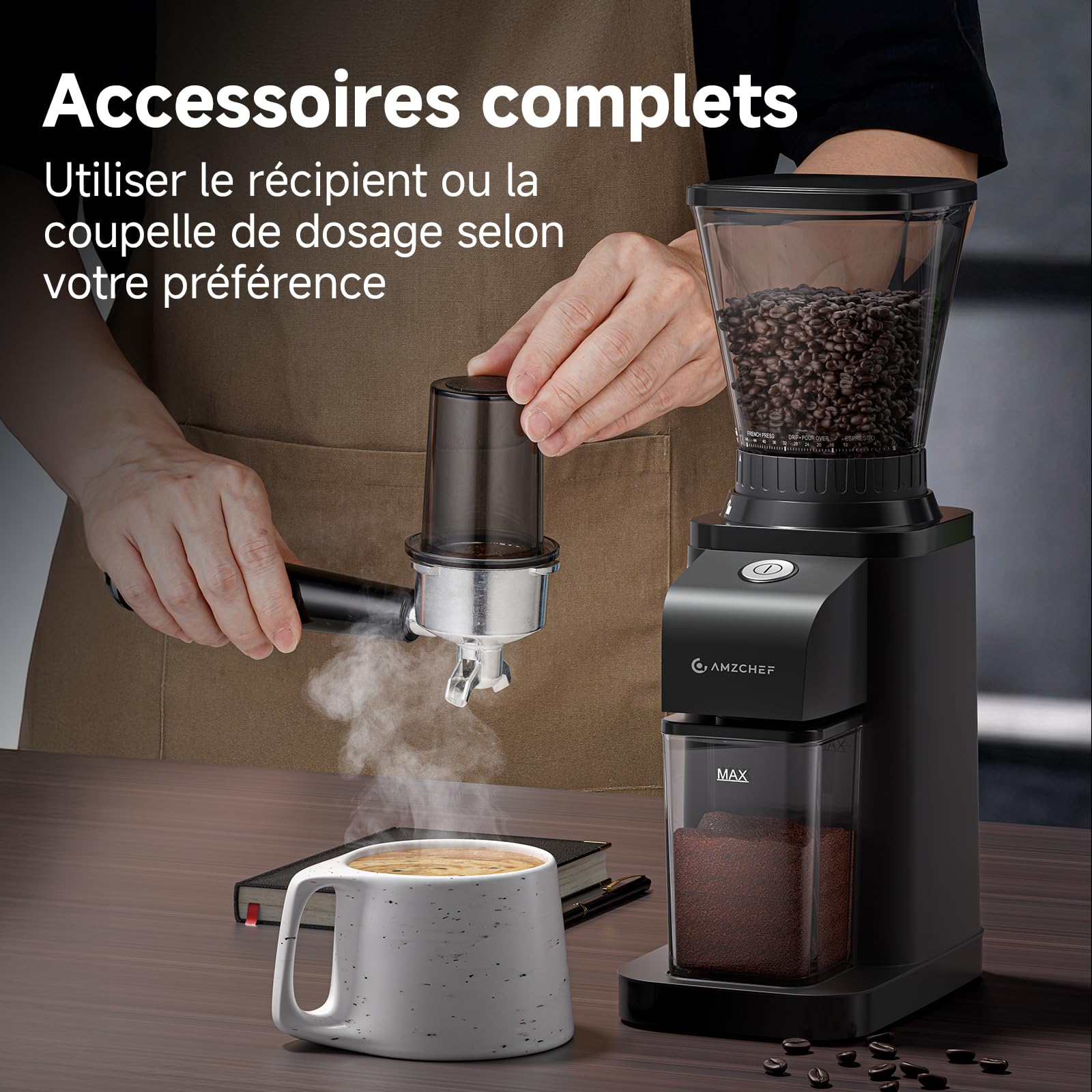 AMZCHEF Moulin A Café Électrique, moulin à café à meules coniques avec 48 réglages de mouture précis, capacité de 250 g pour café filtre, expresso, antistatique, interrupteur à un bouton