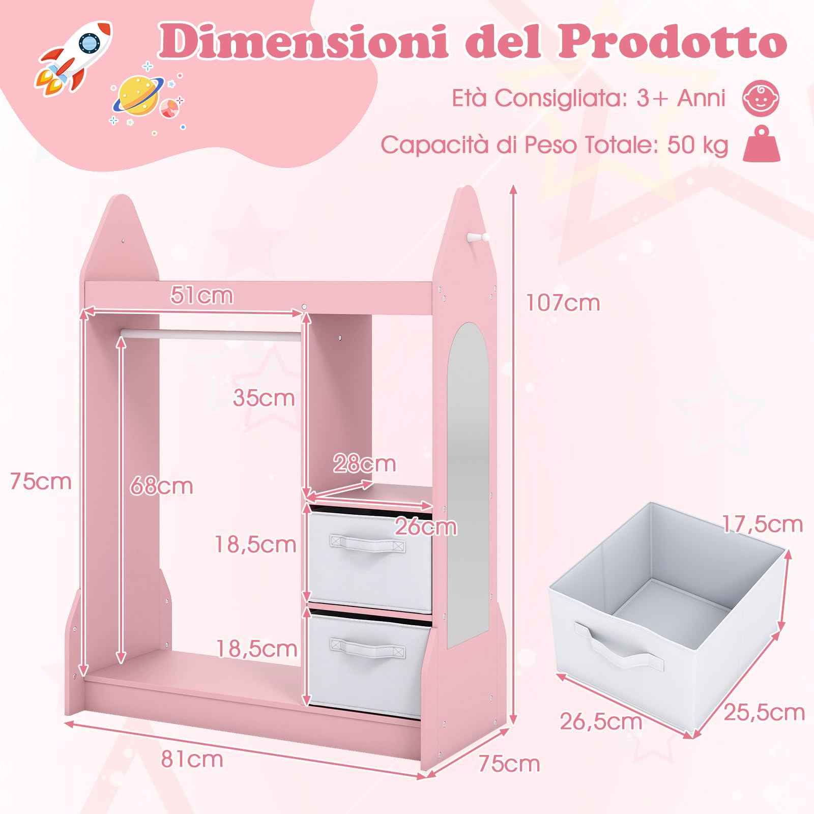 COSTWAY Guardaroba per Bambini, Armadio Gioco con Specchio Appendiabiti, Cassette in Tessuto Pieghevoli, Organizer per Stanza e Camera da Letto, 81 x 38 x 107 cm (Rosa)