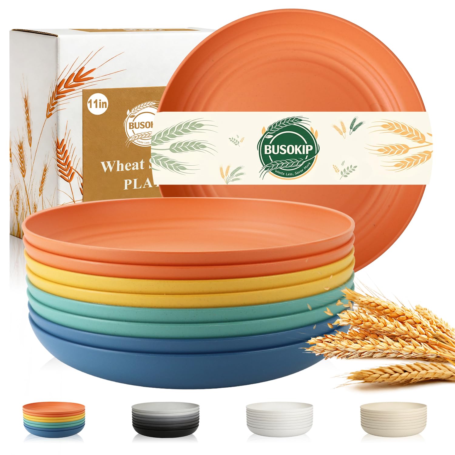 Photo 1 of BUSOKIP Large Wheat Straw Plates 11 Inch, Unbreakable Dinner Plate Set for 8, Plastic Plates Reusable, Microwave and Dishwasher Safe Kitchen Plate for Holiday, Party, BBQ - Multi