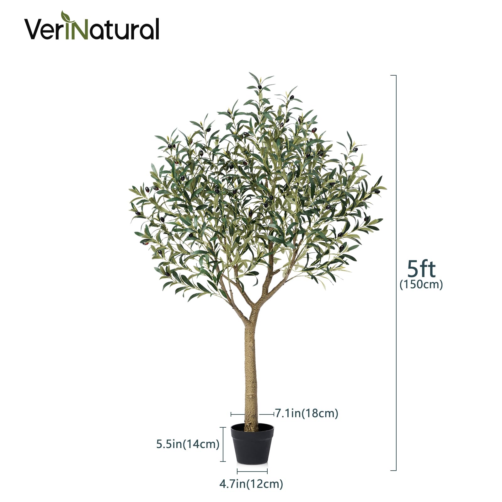 VeriNatural Künstlicher Olivenbaum 150 cm mit 1283 Blättern und 58 Oliven | UV-beständig, flexibel formbare Zweige, schwarzer Innentopf für Wohnzimmer, Büro, Bad und geschützte Außenbereiche