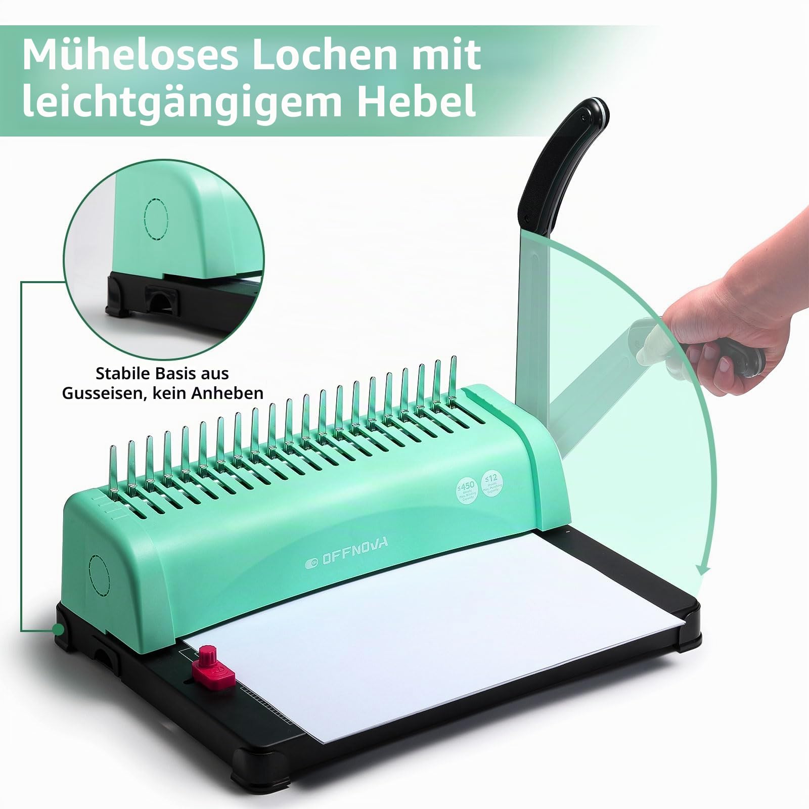 OFFNOVA Bindemaschine 21-Loch 450 Blatt Bindegerät, Spiralbindung Buchbinder Maschine mit Starter Kit Kamm Bindung Stacheln, für tägliche Office-Dokumente