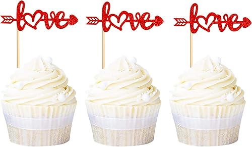 Ercadio Paquete de 24 adornos para cupcakes con flecha roja con purpurina roja para el día de San Valentín, para boda, compromiso, despedida de C