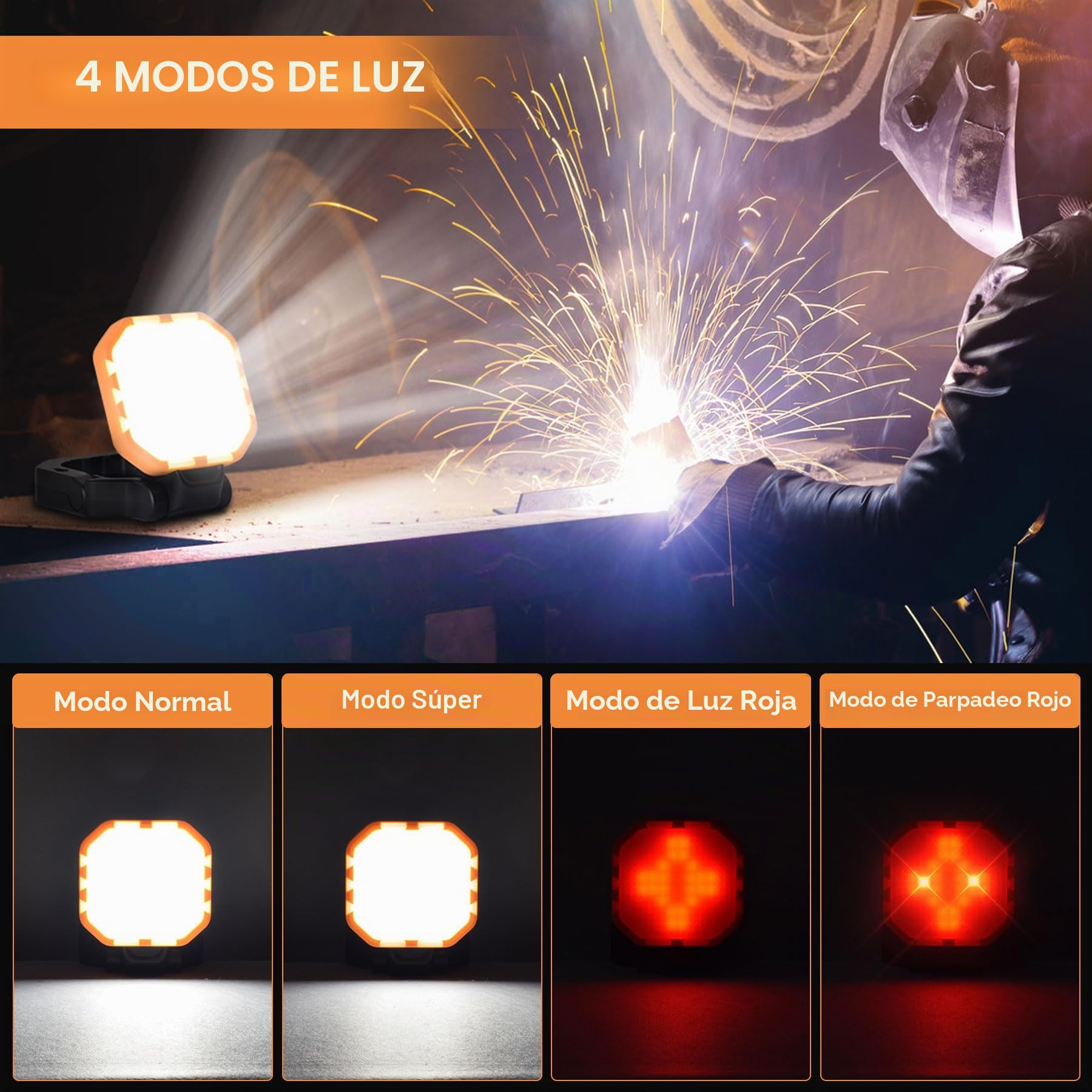 Foco LED Recargable (2pcs), 2500LM, 6000mAh, Base Magnética | 30W, 4 Modos, Rotación de 360°, Salida USB, Luz Roja, Ligero & Portátil para Camping, Construcción, Emergencia, Garaje