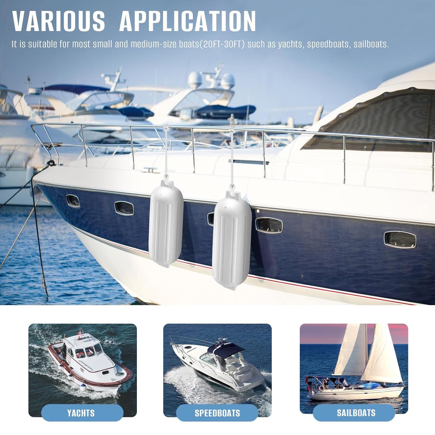 NEWFUN Set de 4 Pare Battage pour Bateau,PVC 40x10cm Garde-Boue De Bateau, Lignes d'ailes Incluses, Garde-Boue Nervuré Gonflable avec Trous Centraux,Convient aux Bateaux de 3 à 6 Mètres