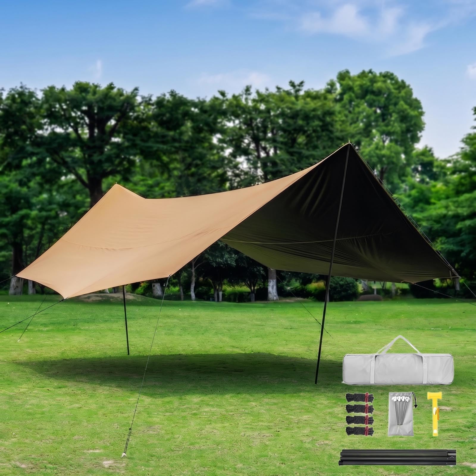 Wasserdichtes Camping Tarp Mit Teleskopstange, 4.5x4.40m Als Sonnensegel Und Zeltplane, Für Outdoor Hängematte, Wandern Und Strand, Shelter Mit Uv 