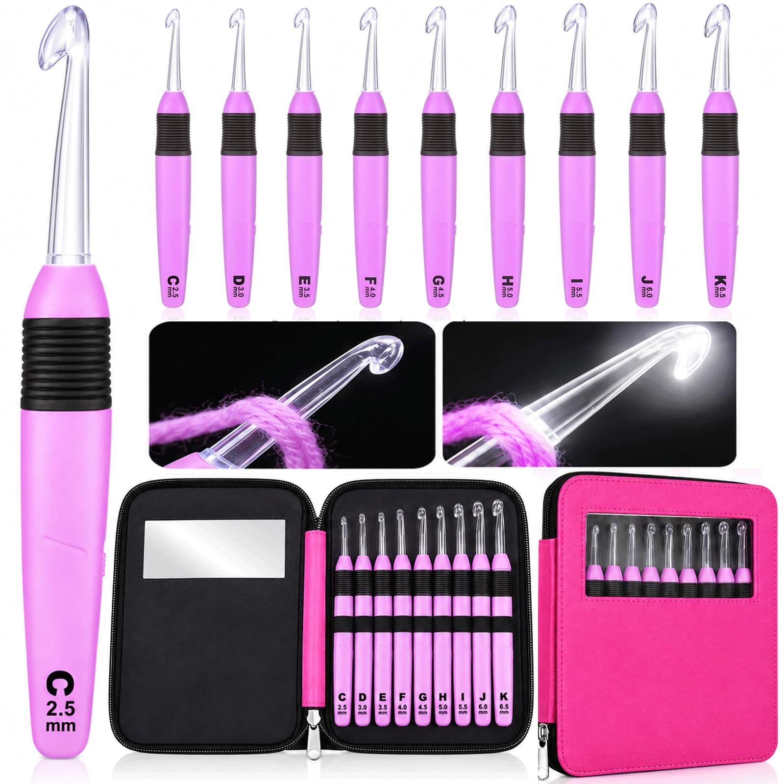 Chuangdi 9 Pcs Lighted Crochet Hooks with Case, LED Knitting,Pink