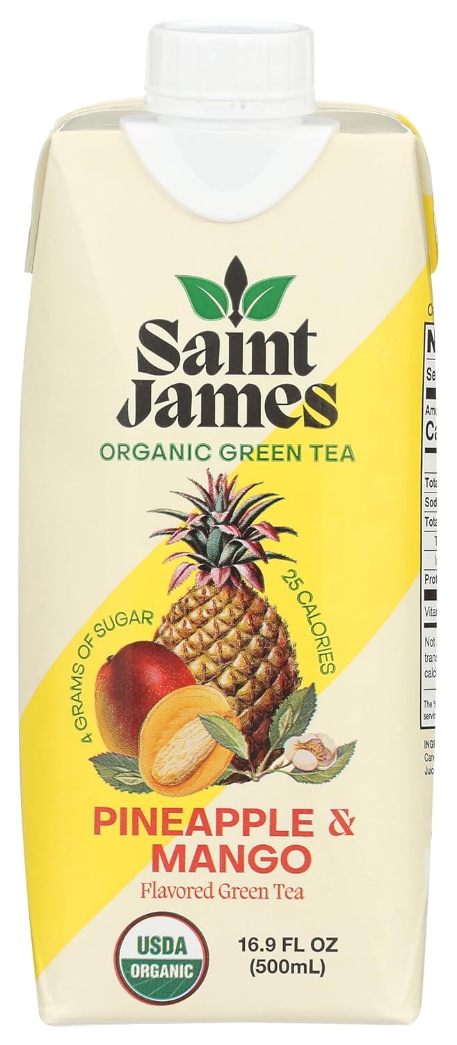 Saint James Iced Tea | Pineapple & Mango Organic Green Tea | USDA Certified Organic, Non-GMO Green Tea, 16.9 Fluid Ounce (Pack of 12)