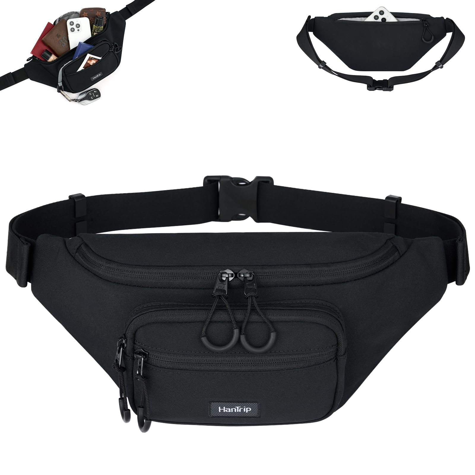 HanTrip Fanny Packs for Women Men, Large Travel Fanny Pack Lightweight Crossbody Waist Bag Large Capacity, Water Resistant Belt Bags with Adjustable