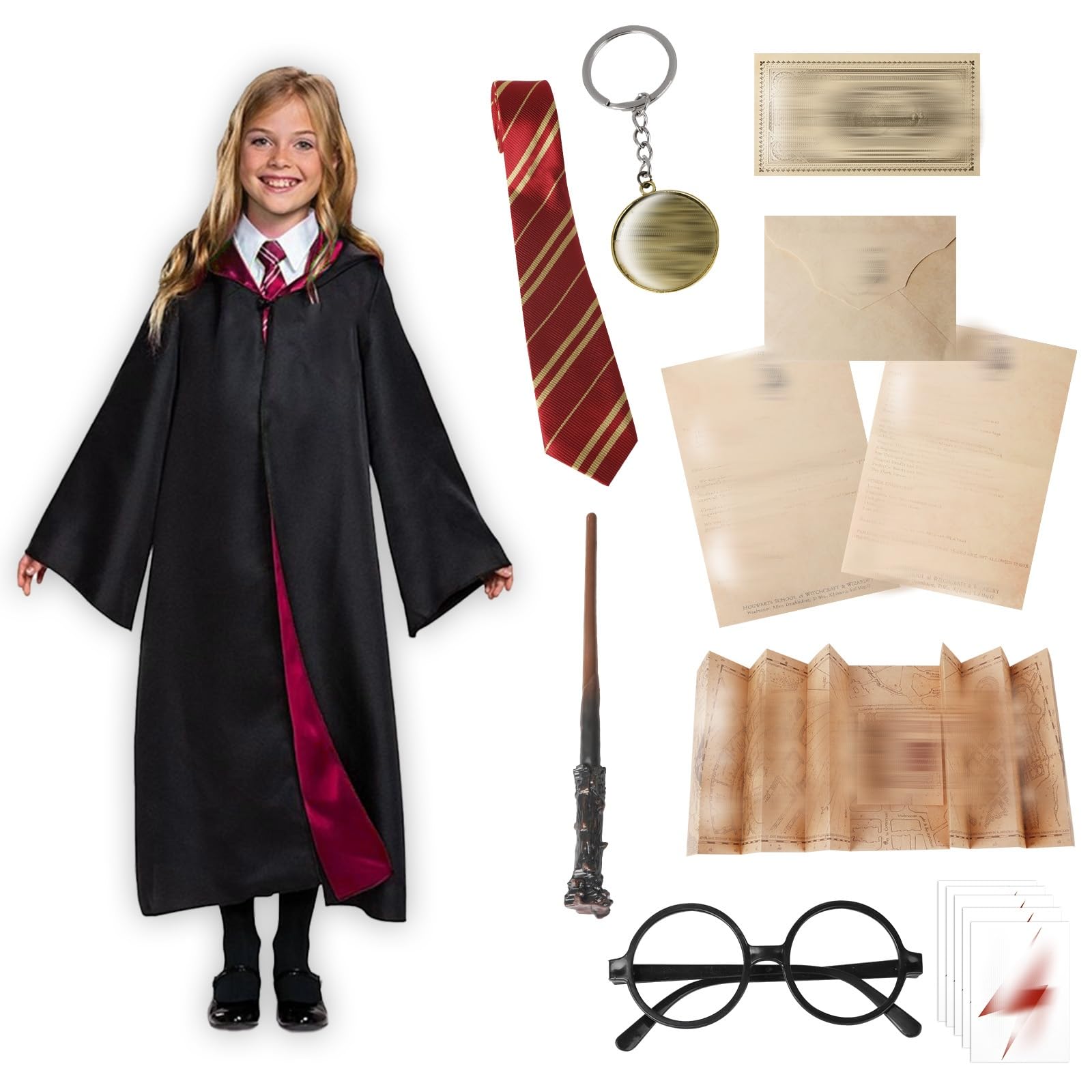 Amazluck Wizard Costume, Wizard Black Cape Magic Robe Costume Cloak with Hood Tie Wand Glasses Frame Role Play Suit Suitable For Halloween Cosplay Fancy Dress for Kids Child Boys Girls