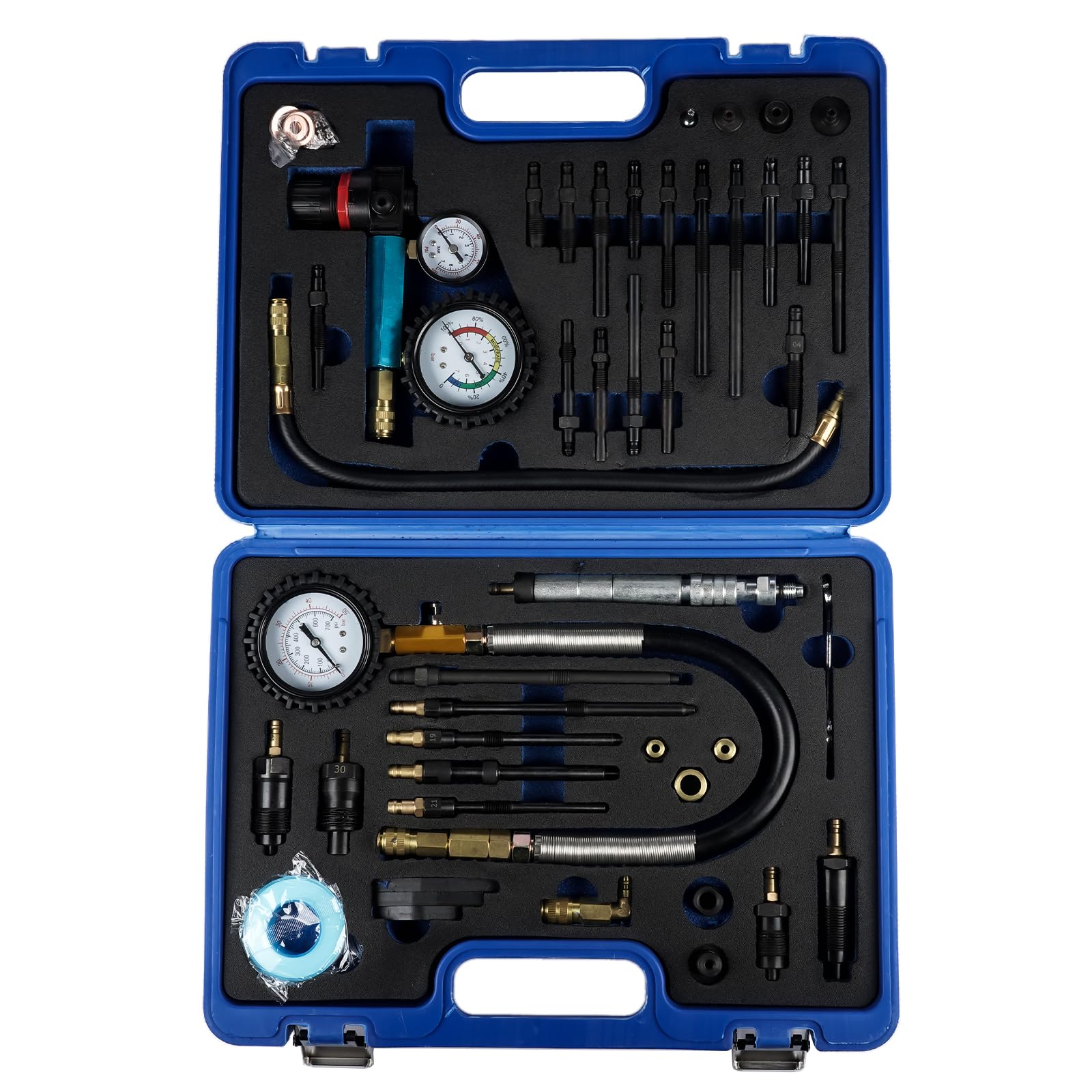 Probador de Compresión Probador de Pérdida de Presión para Motores de Gasolina y Diesel Motores de Autos y Camiones, con 34 Adaptadores Diferentes, 725 PSI - Estuche Exterior Azul