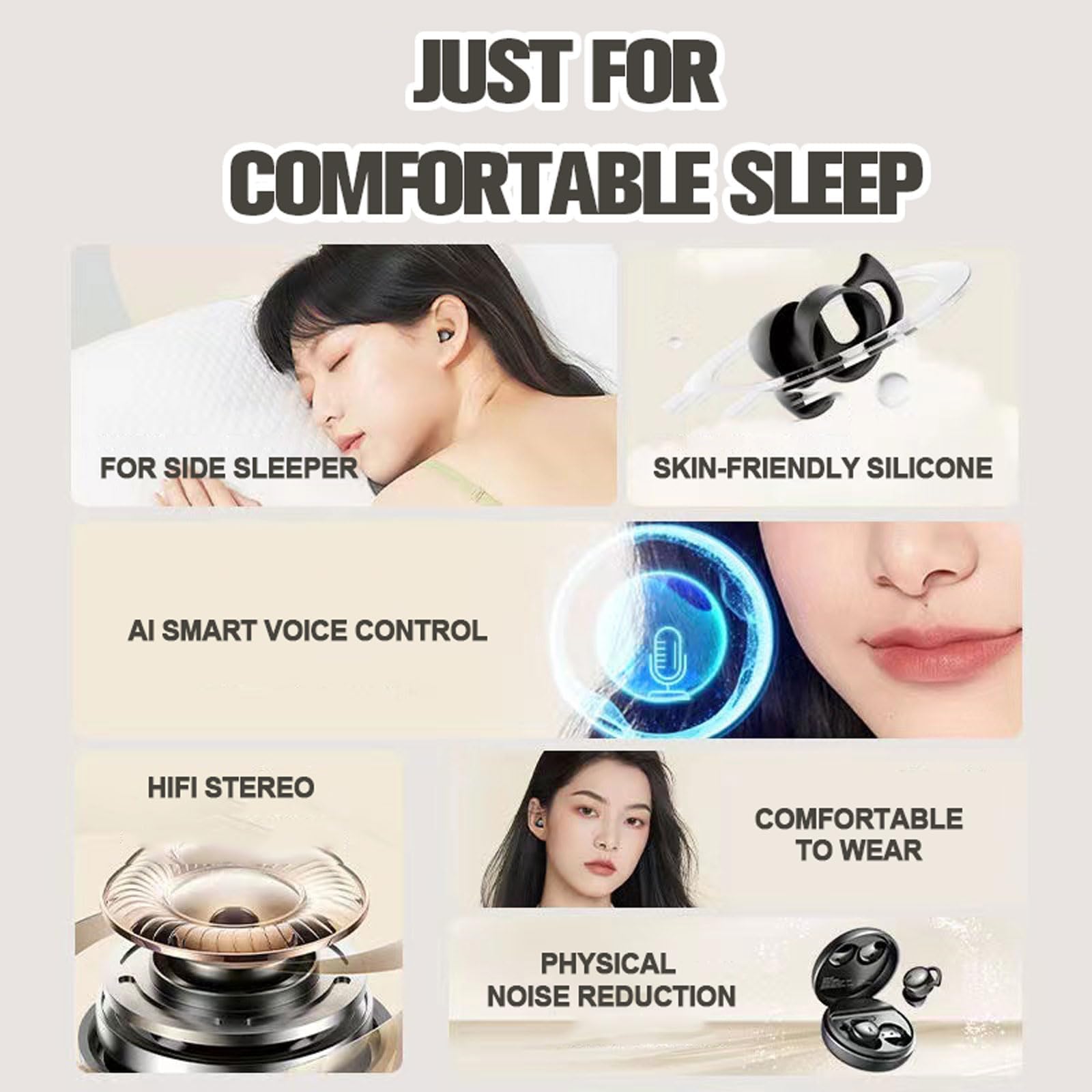 Auriculares para dormir de lado, auriculares para dormir de lado, auriculares con cancelación de ruido para dormir de lado, invisibles pequeños y pequeños, auriculares inalámbricos Bluetooth para
