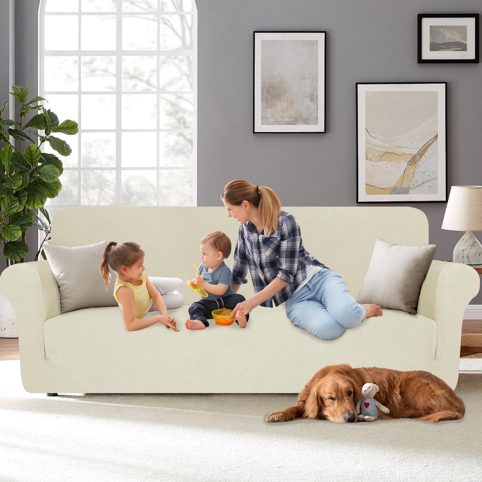 YSTELLAA Stretch Sofa Überzug 3 Sitzer, Elastisch Sofabezug Mit Armlehnen, Jacquard Sofaschoner rutschfest, Universal Sofa Cover Moderne, Couchüberzüge Sofahusse Für Katze Hund, Beige