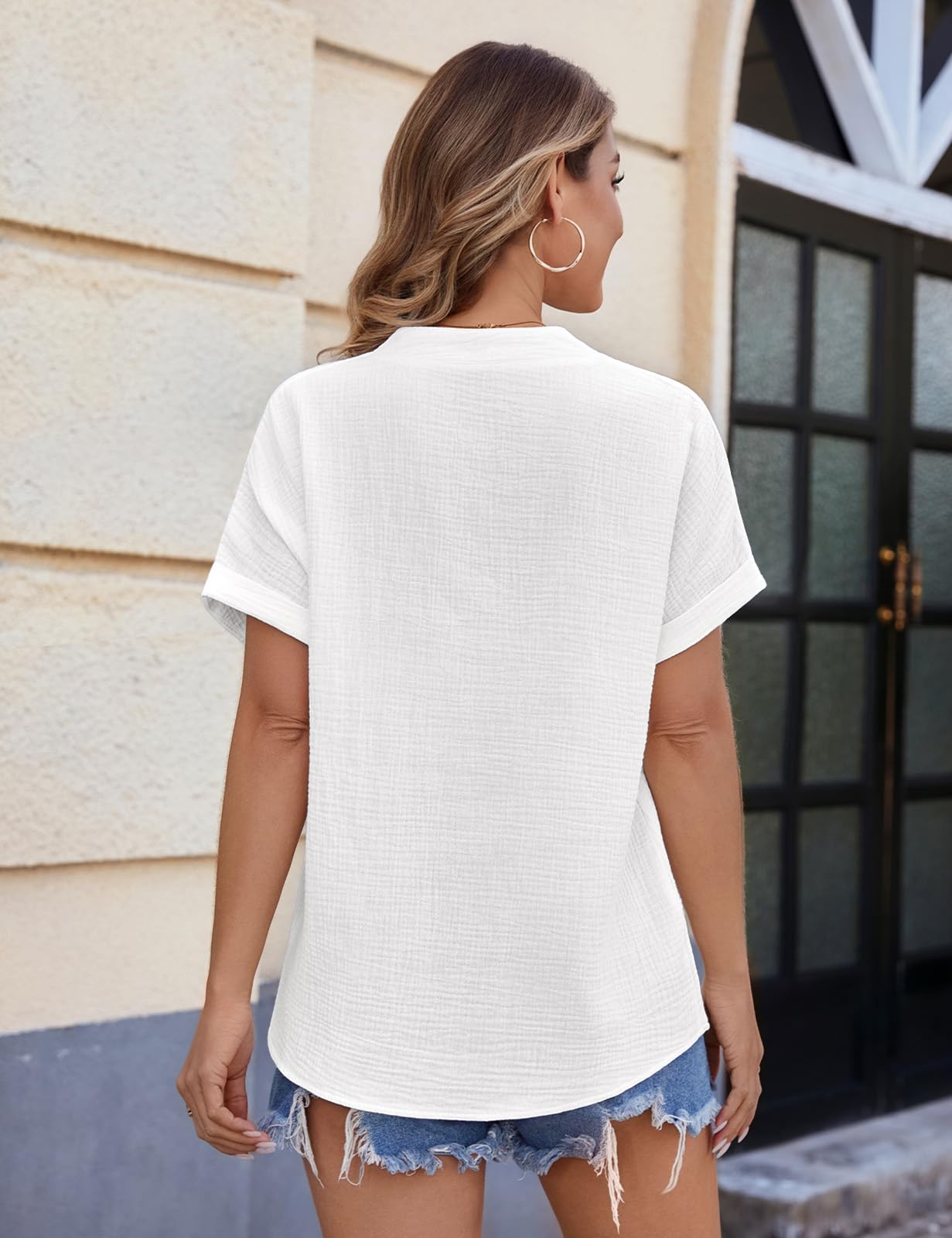 CMTOP Camicia Donna Estiva Cotone Camicetta Eleganti Scollo a V Top Moda Tinta Unita Classico Bottoni Top Casual Sciolto da Lavoro Tunica