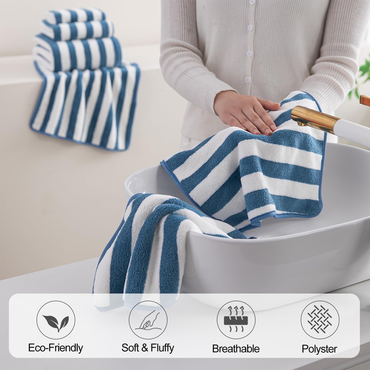 Jarson 18-Piece Striped Bath Towel Set -Highly Absorbent 6 Bath Towels, 6 Hand Towels, 6 Washcloths, Quick Dry Towels for Family Bathroom - Blueberry
