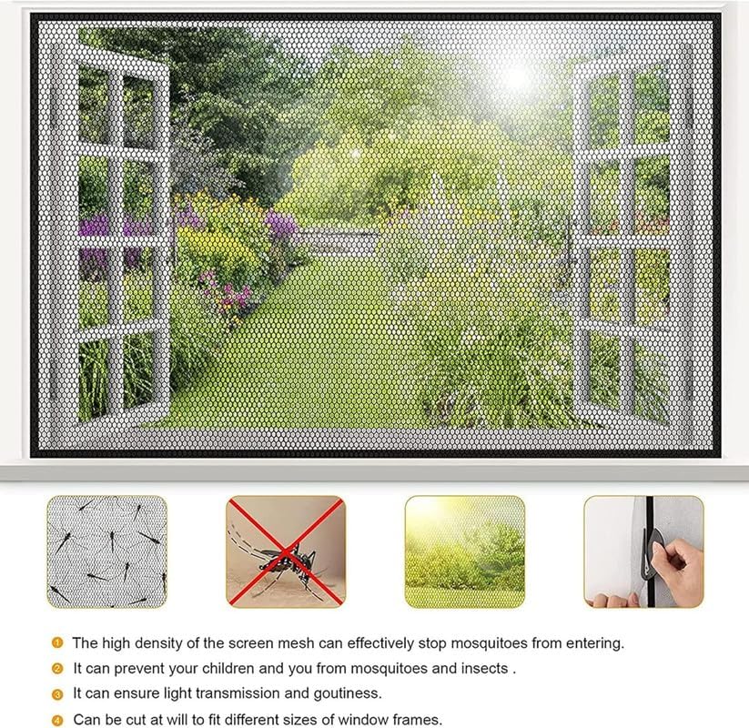 Image of Fiberglass Mosquito Net for Windows Colour - Black (Size - 6x7 ft, 72x84 Inch) Pre Stitched with Fastener Loop Tape on All Four Borders, Window /Door DIY Bug Insect Mesh, Ready to Use Net.