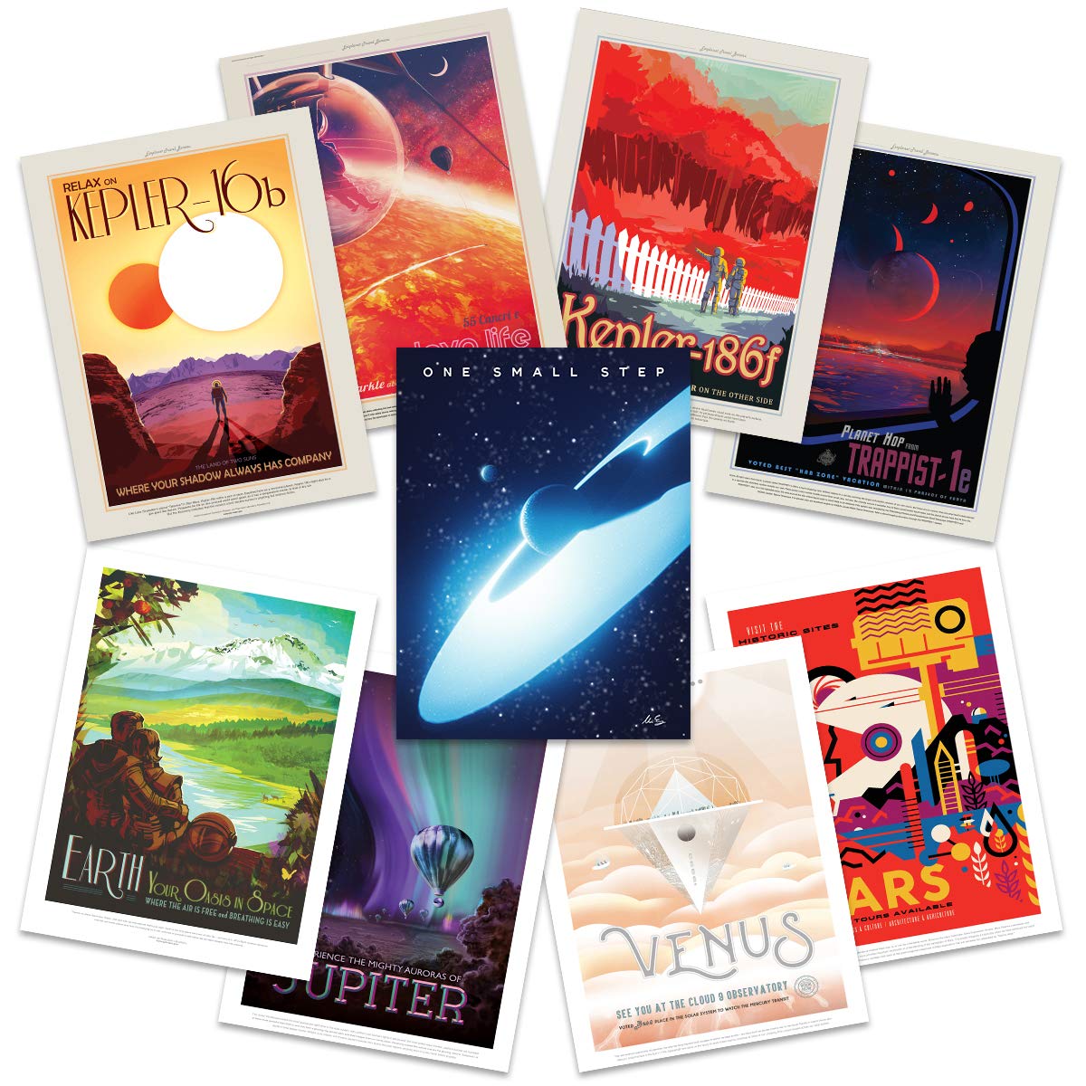 Artery8 NASA Space Grand Tour Travel Exploration Exoplanet Art Print Poster Home Decor Premium Pack of 9 - includes Custom 50th Anniversary Apollo 11 Moon Landing Print