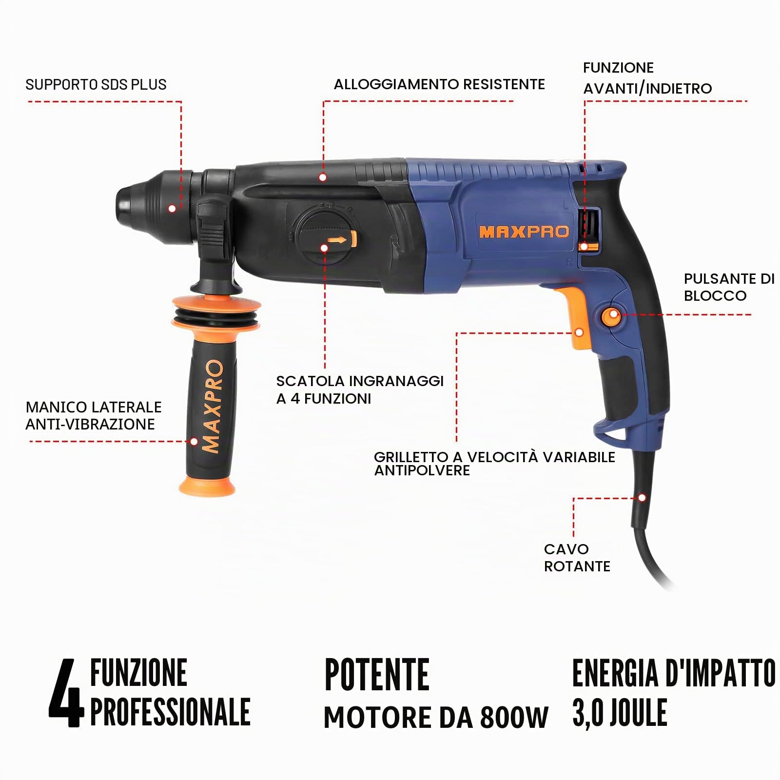 MAXPRO Martello Perforatore SDS-Plus 800W, 6 Velocità Variabili con 4 Funzioni, Capacità di foratura: calcestruzzo (26MM), metallo (13MM), legno (30MM)