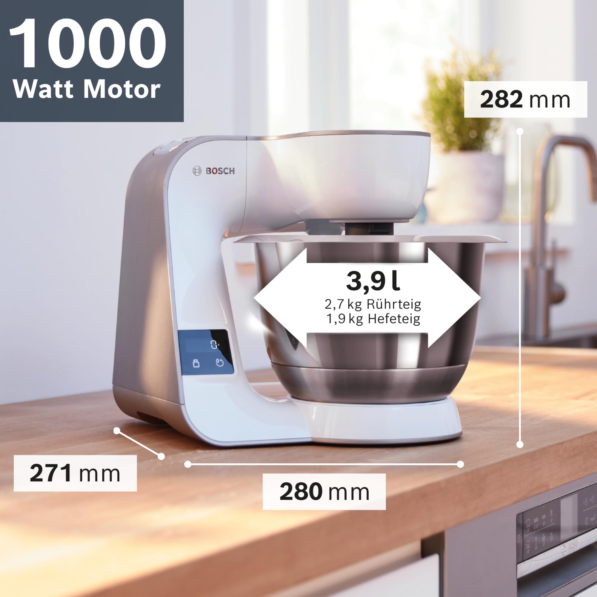 Robot pâtissier Bosch MUM5XW20 – Machine puissante 1000 W pour mélanger, pétrir & couper – 7 vitesses + turbo – Balance intégrée – 10 accessoires – Couleur : blanc/champagne