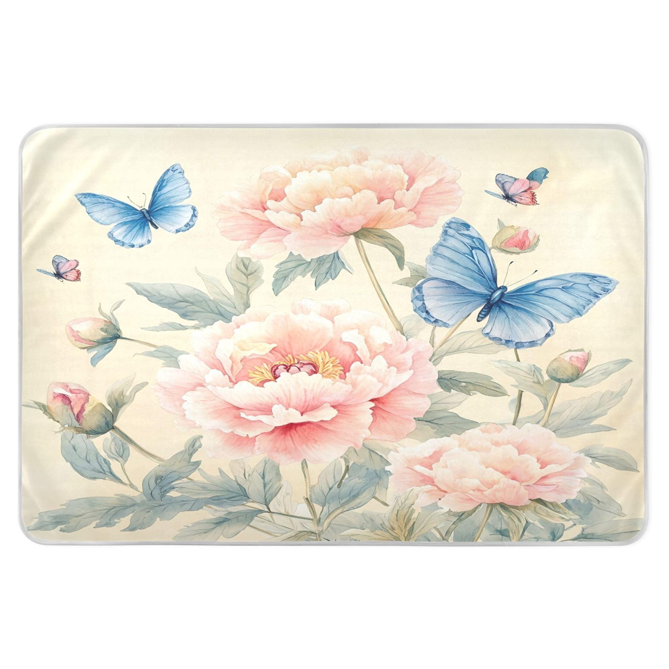Takiito Delicate Pink Peonies Butterflies Bed Pad Reusable Bed Underpad Washable Waterproof Leak-Proof Quick Dry Incontinence Pee Pad for Toddlers Kids Adults Pets 34x52 in