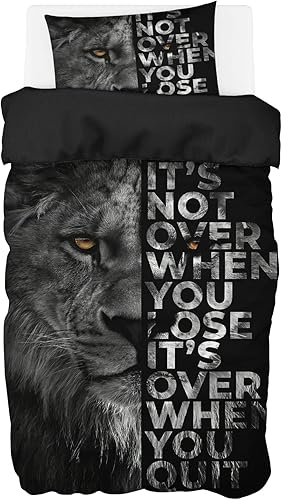 SCXHEN - Juego de funda de edredón con citas de león gris, negro, tamaño individual, ropa de cama de 2 piezas (1 funda de edredón de 68 x 90