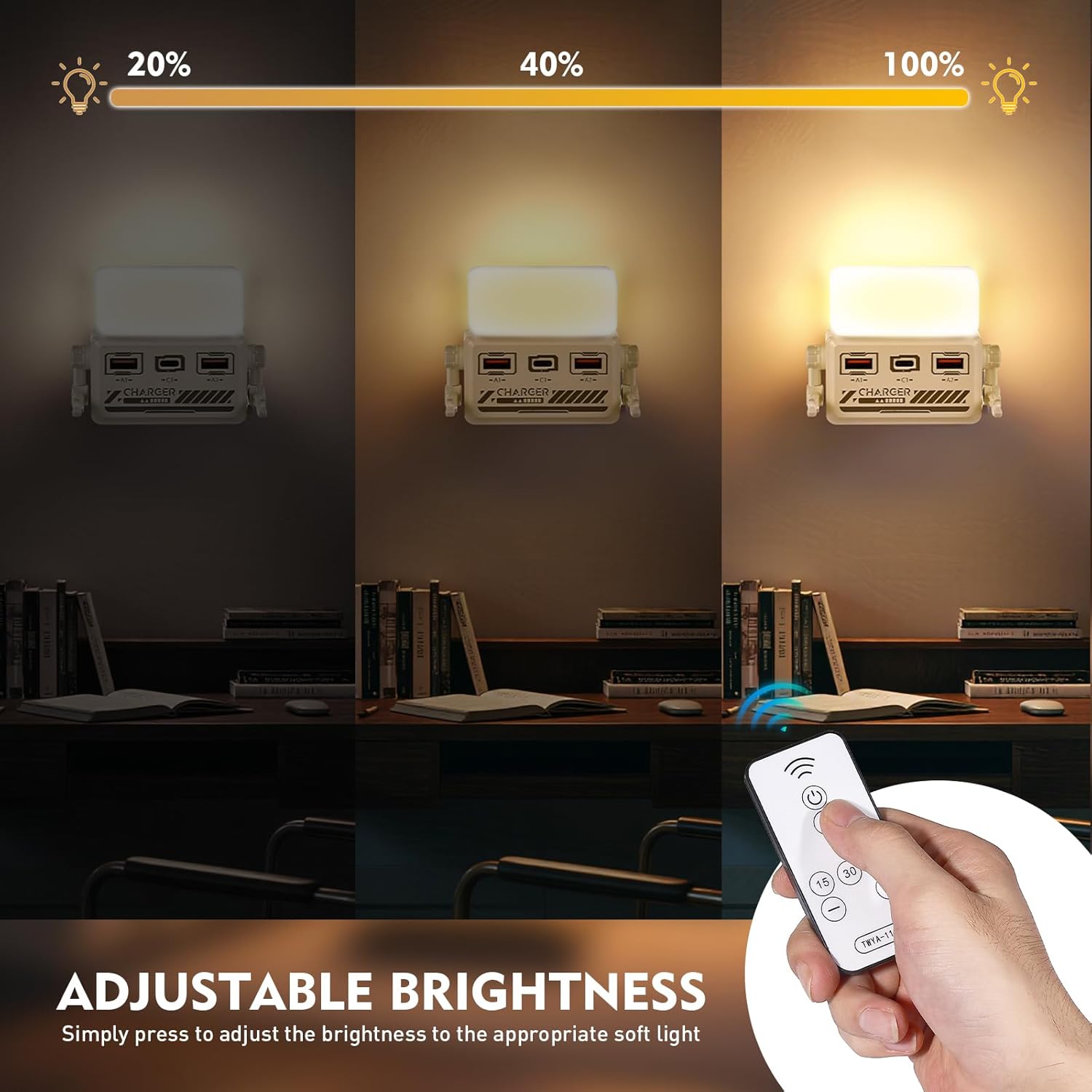 LED Night Light Plug in, Modern Night Lights Plug into Wall with Additional Charging Port, 3000K-6000K Adjustable Brightness with Remote, Dimmable Night Lights for Hallway Bedroom Stairway Kitchen