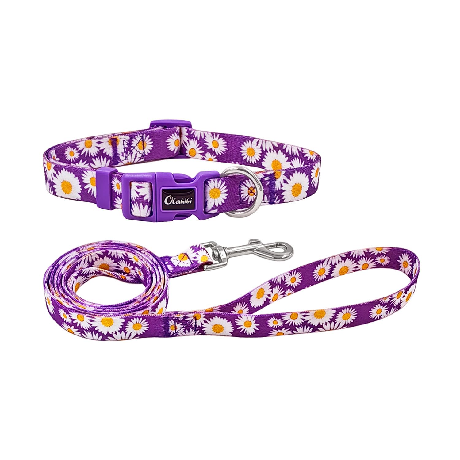 Olahibi Dog Collar and Leash Set, Cute Daisy Pattern, Polyester Material, 5ft Leash, for Small Dogs.(Small,Purple Daisy)