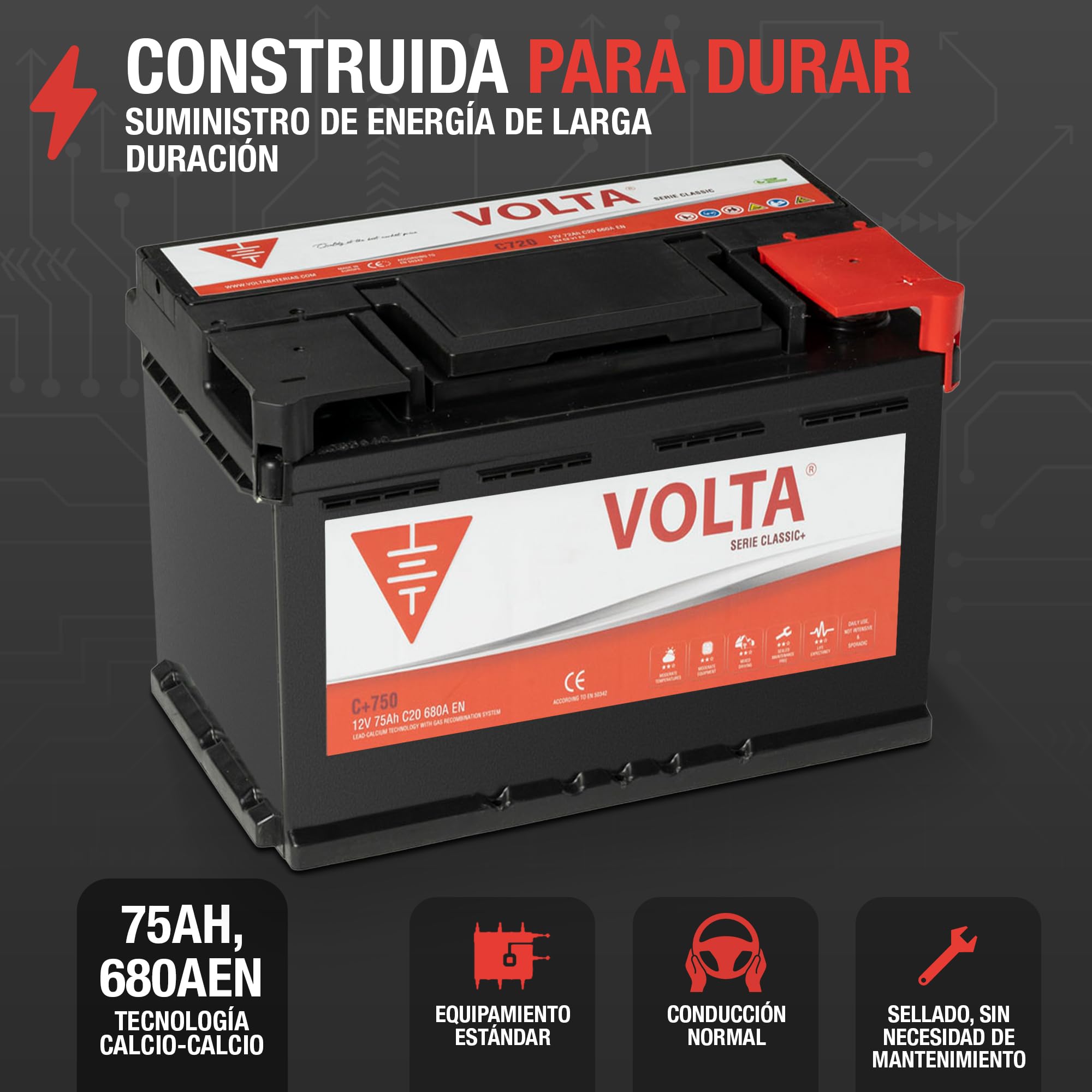 Bateria de Coche Classic + 75Ah 680A - Borne +Dcha - Medidas Largo 278 x Ancho 175 x Alto 175 mm con 2 años de Garantía - Fabricación Europea.