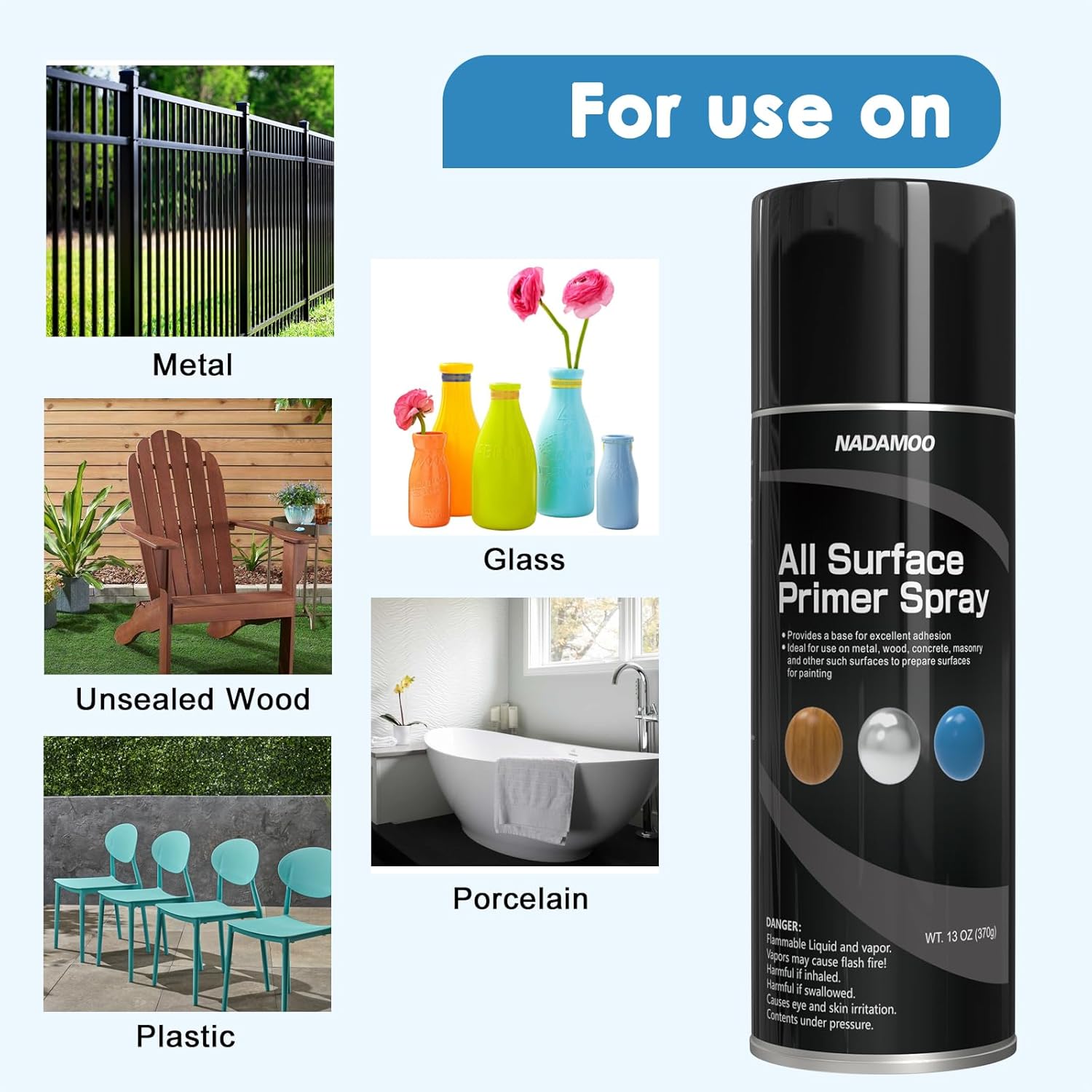 NADAMOO All Surface Primer Spray, One-Part Epoxy Primer Matte Black, 4 Cans, Enhance Adhesion for Multi Surface - Porcelain, Glass, Metal, Plastic, Wood