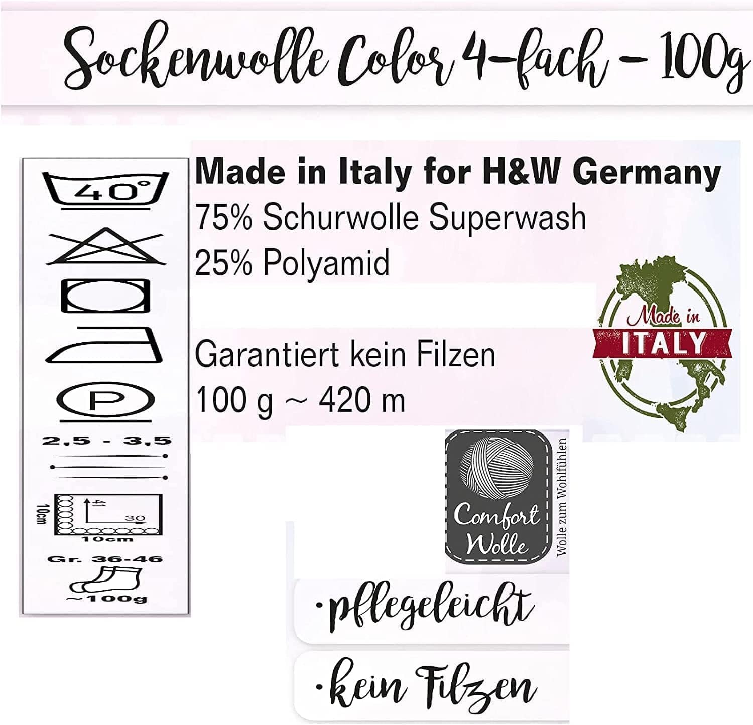 Sockenwolle Comfort Color 4-fädig, 6x100gr, bunter Mix Jeansfarben | Strumpfwolle -Made in Italy - 420m Lauflänge- Nadelstärke 2,5-3,0mm- Muster direkt aus dem Knaul
