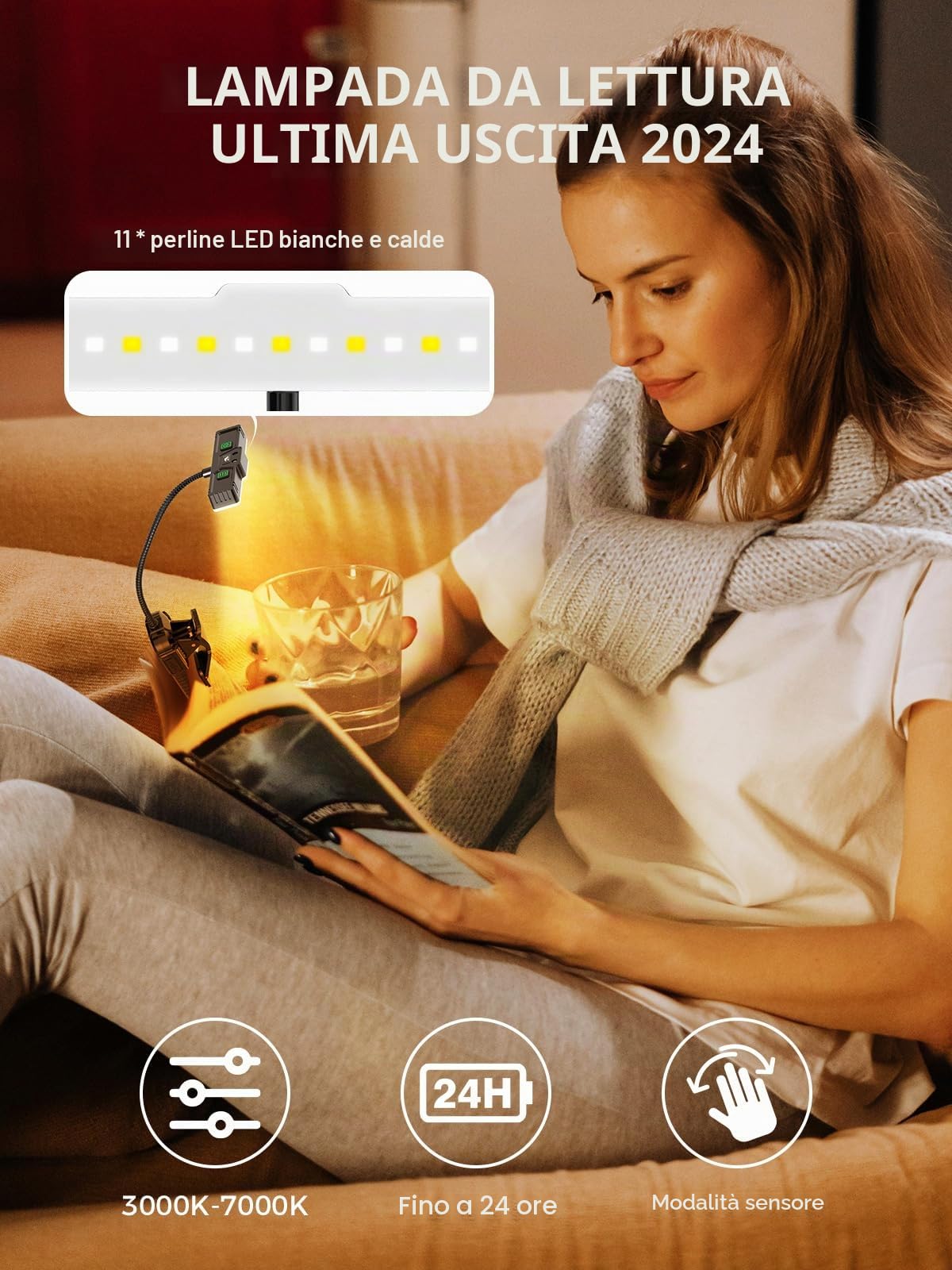Smiling Shark LED Lampada Lettura, 1200mAh Ricaricabile Lampada per Leggere a Letto 3 Colori 6 Luminosità & Sensore Modo Portatile 360°Regolabile Lampada da Lettura con Pinza per Viaggio Bambino Libro