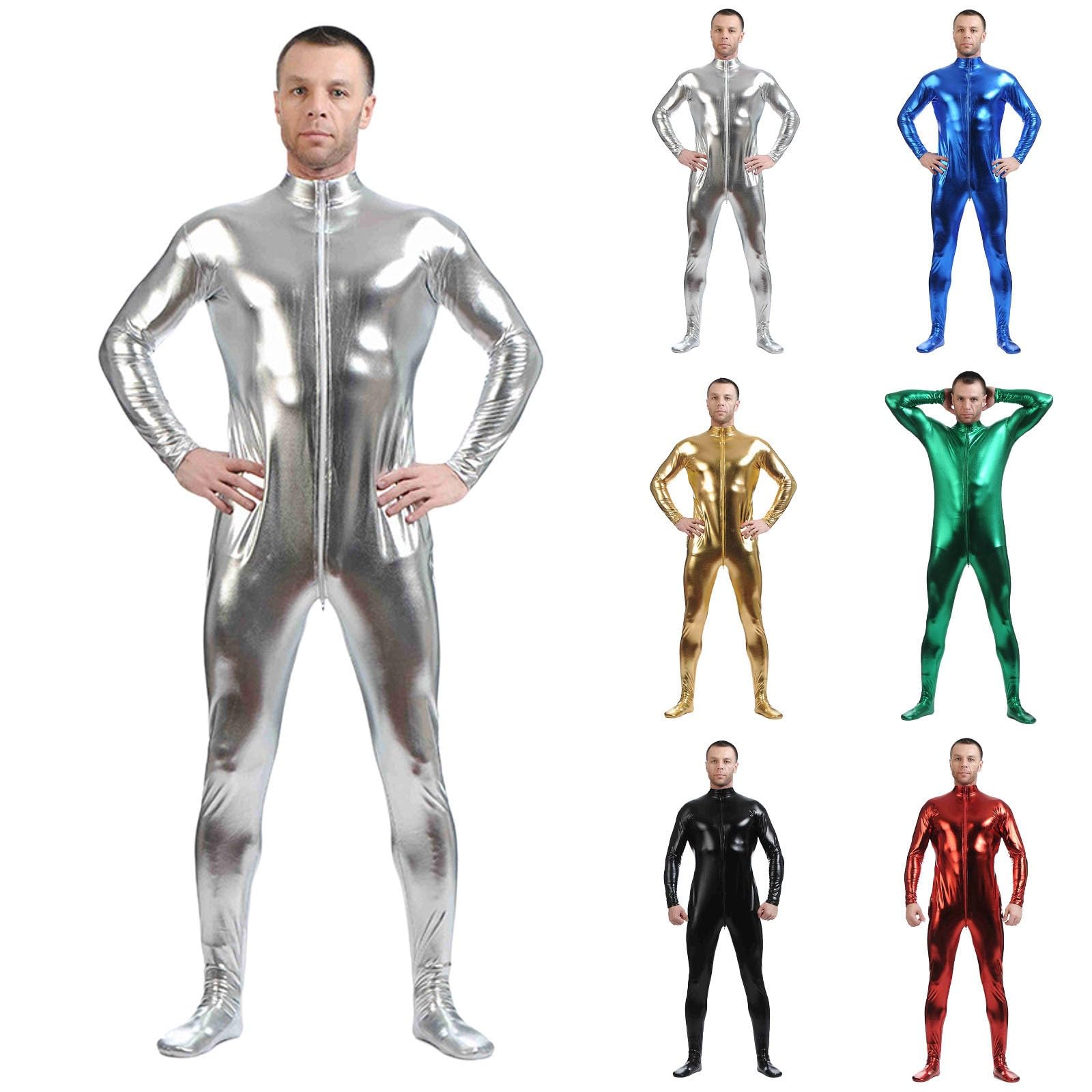 Combinaison sexy en cuir verni brillant pour homme - Fermeture éclair - Sexy - En latex - Avec sangle d'entrejambe