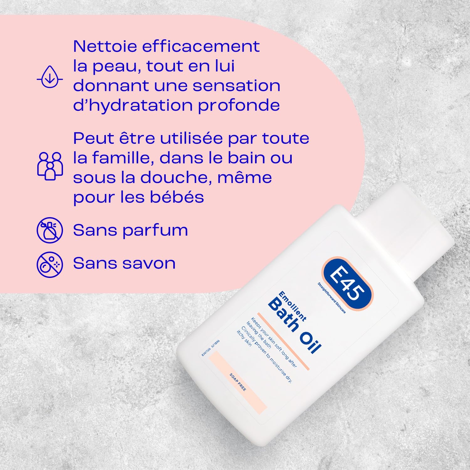 E45 Huile de bain adoucissante pour hydrater les peaux sèches - Sans savon et sans parfum - 500 ml - Gel douche adoucissant - Testé dermatologiquement