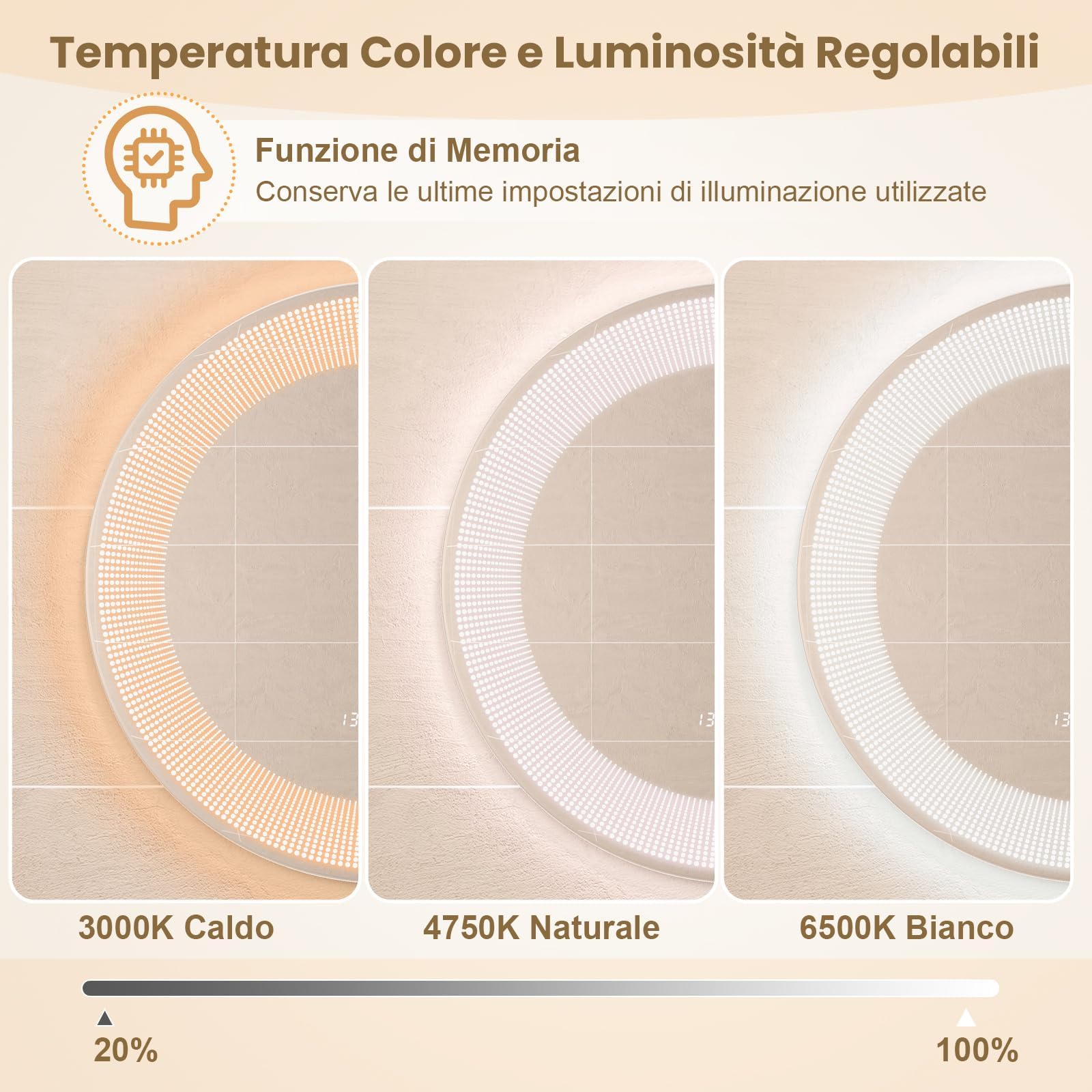 RELAX4LIFE specchio da bagno rotondo con illuminazione, specchio LED Ø 60 cm, 3 temperature di colore e interruttore touch, antiappannamento
