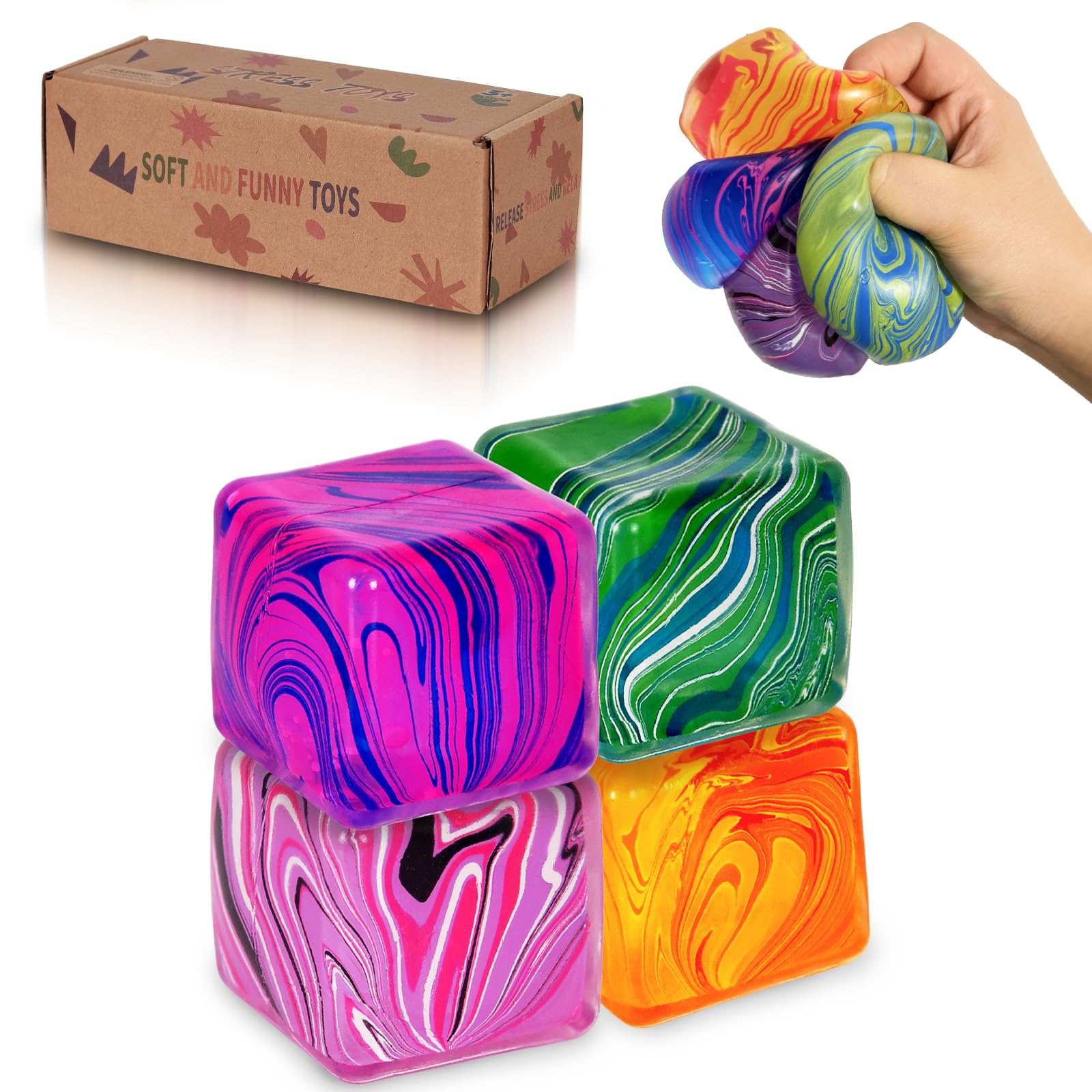 Graphinza Squeeze Toys – Flow Texture Ice Cube Squishy Toy, 1.97in Soft Sensory Squeeze Toy with Smooth Ripple Design, Durable Grip Not Easy to Fall Off for Kids and Adults (Purple White)