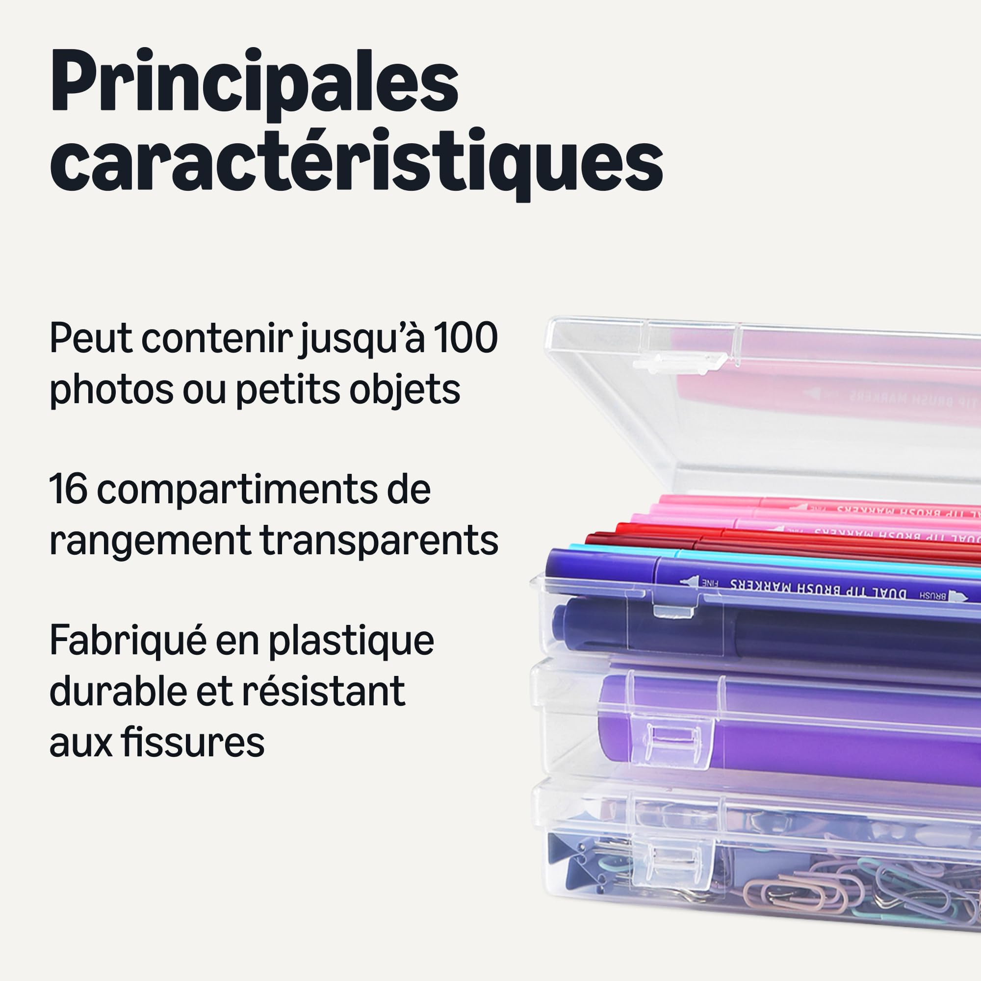 Amazon Basics Boîte de Rangement pour Photos et Organisateur de Loisirs Créatifs avec 16 Compartiments Intérieurs, 12.2 x 36.3 x 26.9 cm, Transparent