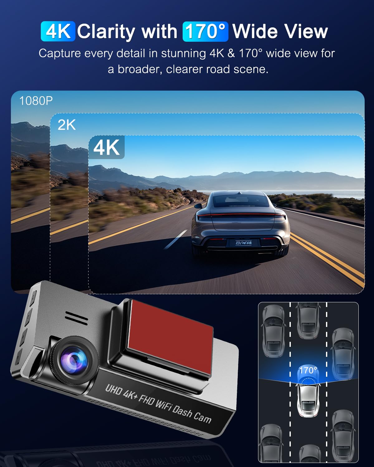 Dashcam Voiture 4K,5GHz WiFi Dashcam avec CPL Filte,Carte SD 64G,3.69" Caméra Embarquée,1080P Avant Grand Angle 170°,App,Mode Stationnement 24H,Vision Nocturne,Enregistrement en Boucle,Max 256G