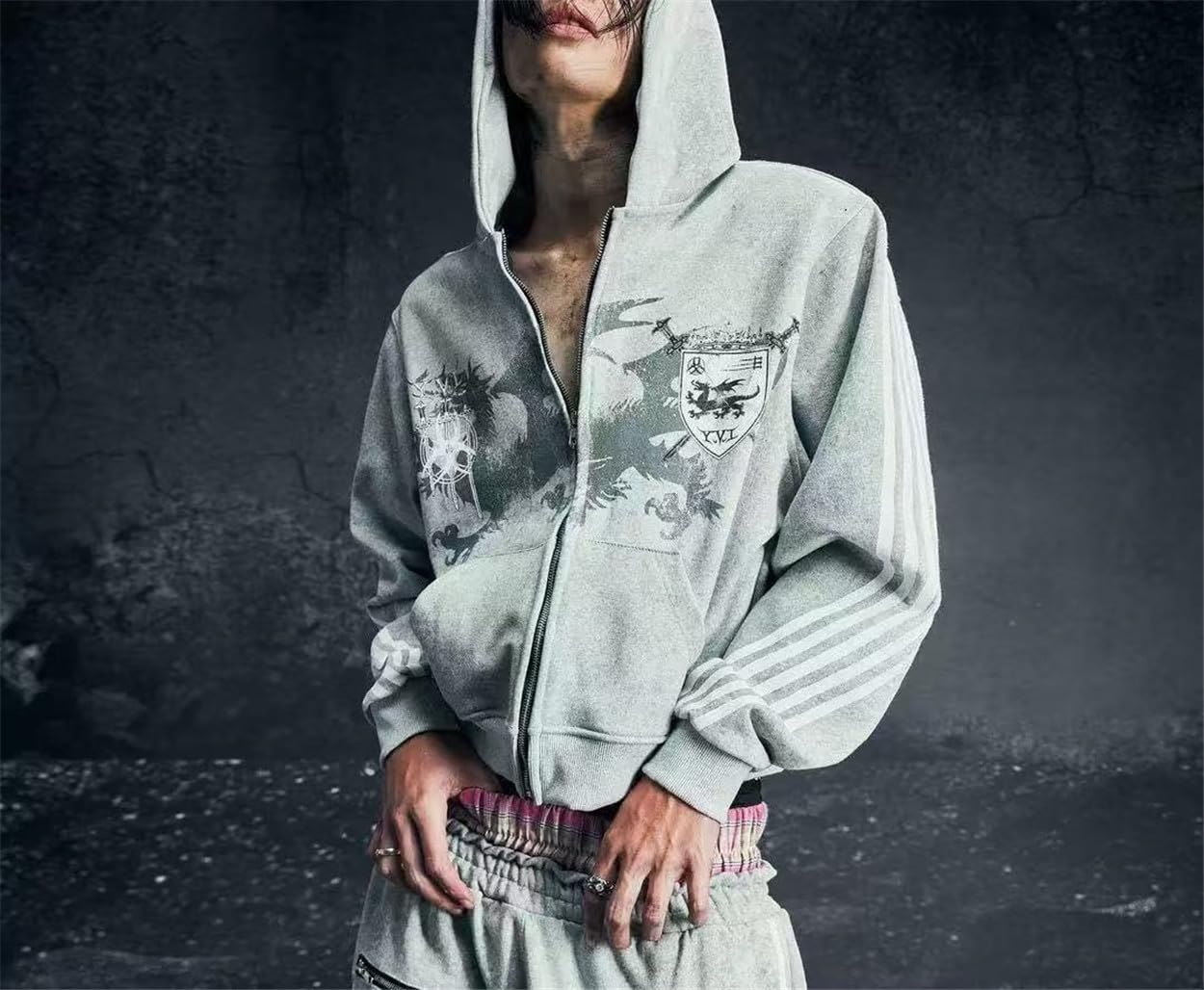 Felpa con cappuccio ampia con zip Y2K grafica con cappuccio felpa gotica oversize hip hop streetwear top