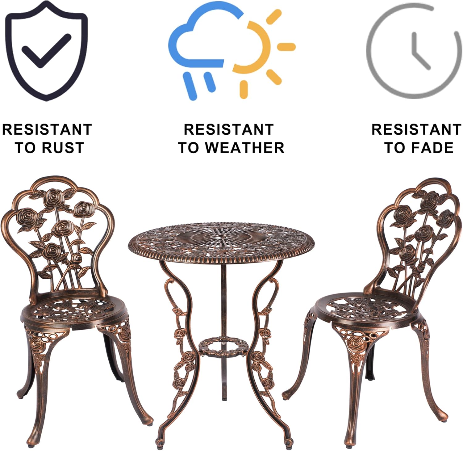 LZRS Bistro Table Set 3-Piece，Outdoor Patio Bistro Set Table and Chairs Furniture w/Rose Design with Umbrella Hole, Cast Aluminum Durable Rust Weather Resistance,Bonus Folding Umbrella,Bronze : Patio, Lawn & Garden