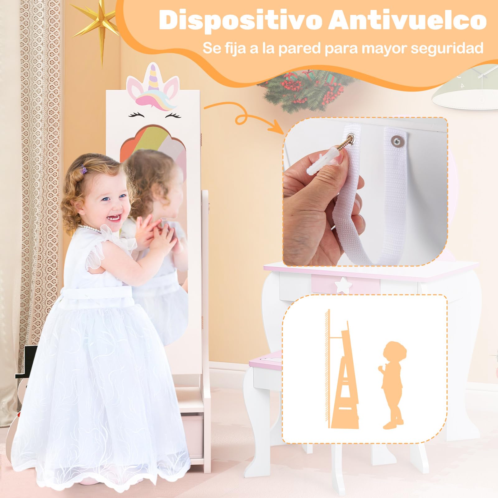 COSTWAY Armario de Joyería para Niñas, Espejo Joyero de Cuerpo Completo Independiente con Almacenamiento, Armario para Joyas Infantil con Ganchos, Estantes y Cajones (Blanco)