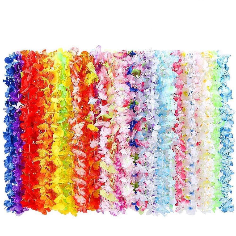 – 100 Pack Hawaiian Flower Garlands, Tropical Party Decorations, Hula Necklace Lei, Aloha Tiki Beach Theme Lays for Adults, Caribbean Fancy Dress Accessories