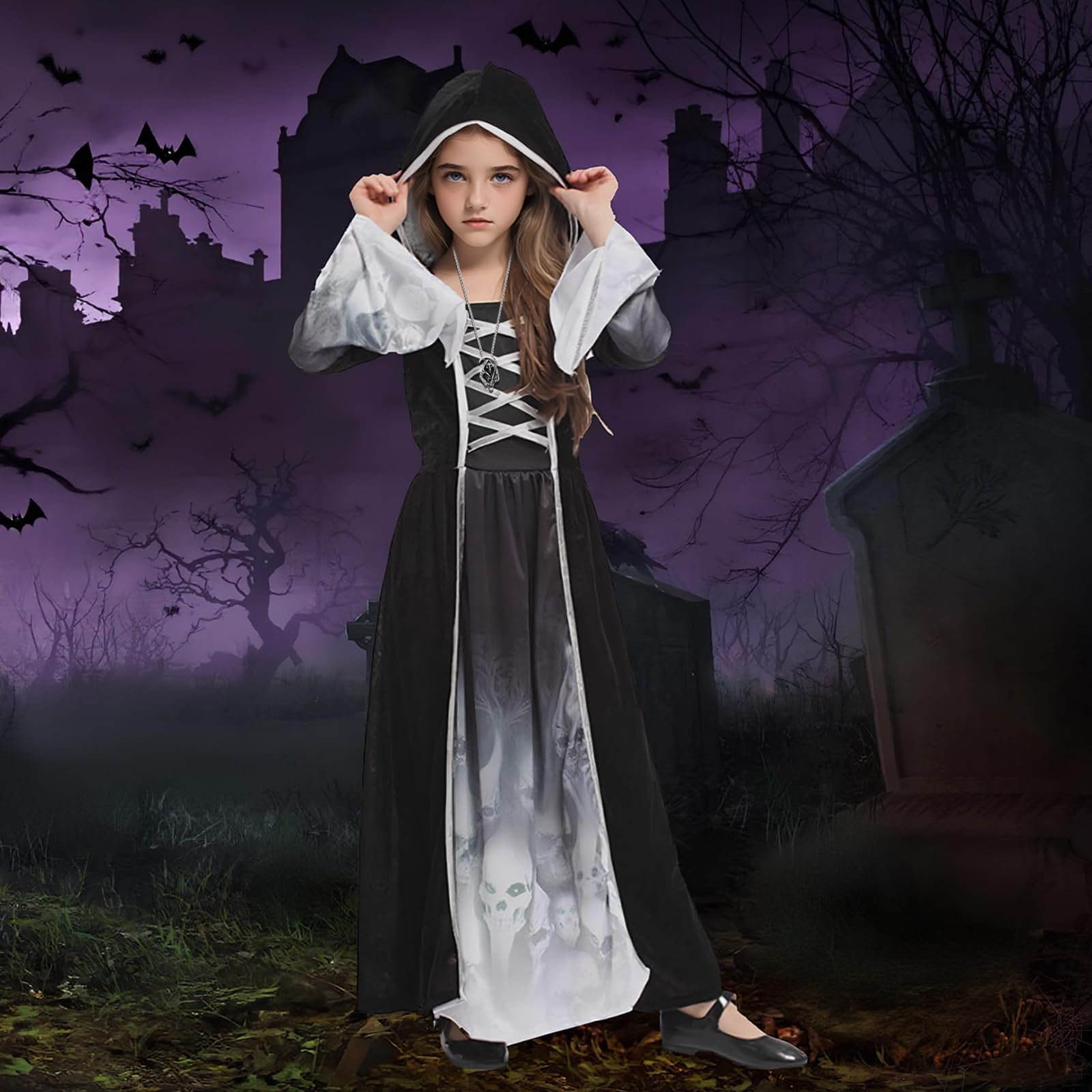 NebulaGlam Grim Reaper Costume Kids Girls, Halloween Reaper Costume Kids, Halloween Outfits for Girls Outfit Fancy Dress (M) - Image 3