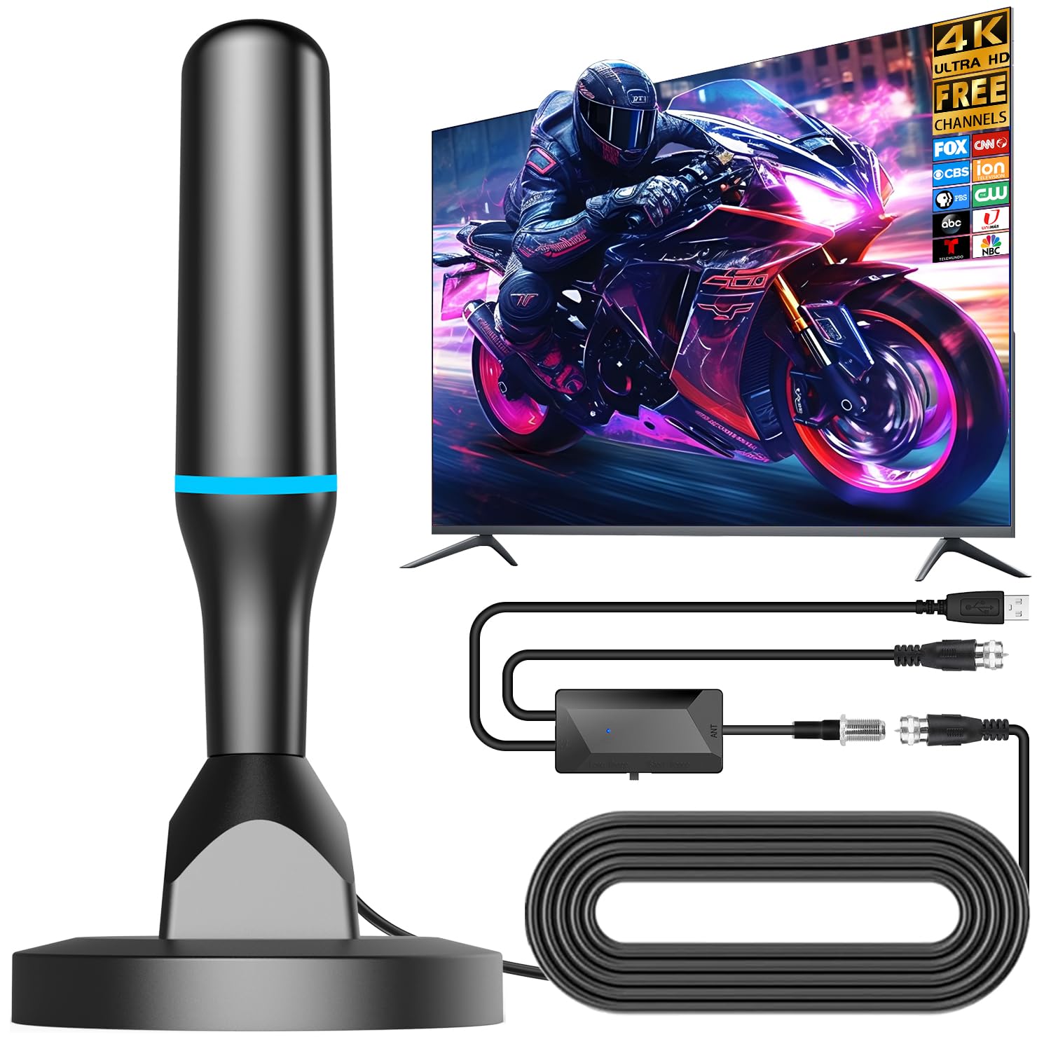 Antenna TV per canali locali interni, antenna TV digitale HD per Smart TV da interni 4K con amplificatore rimovibile e base magnetica, nessun cavo necessario – Cavo da 9,8 m - Adatto per TV con