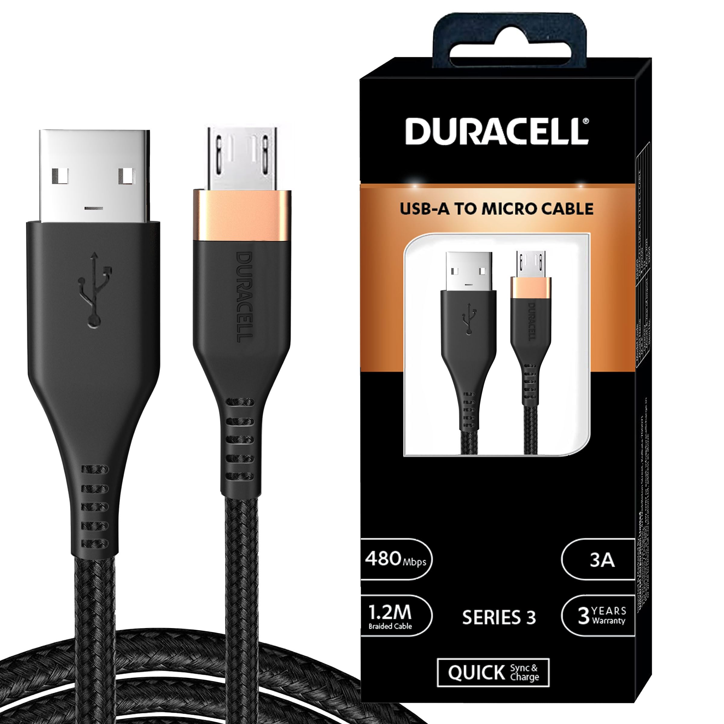 duracell micro usb 3a braided sync & fast charging usb cable, 3.9 feet (1.2m). supports qc 2.0/3.0 charging, high speed data transmission - black