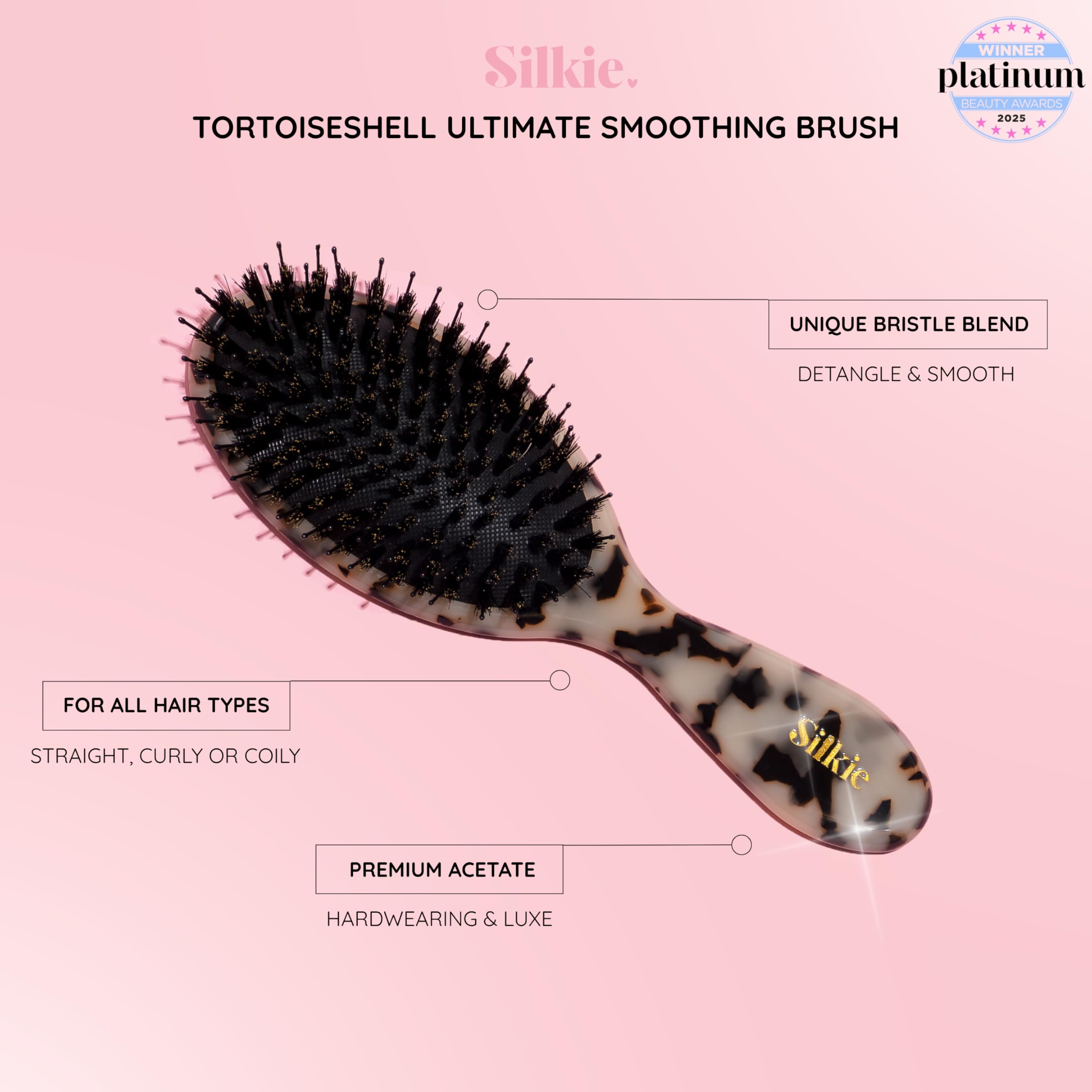Silkie Ultimate Smoothing - Cepillo de acetato con cerdas de jabalí para desenredar, alisar y pulir contra el encrespamiento para extensiones y pelucas de pelo fino, rizado, liso y grueso