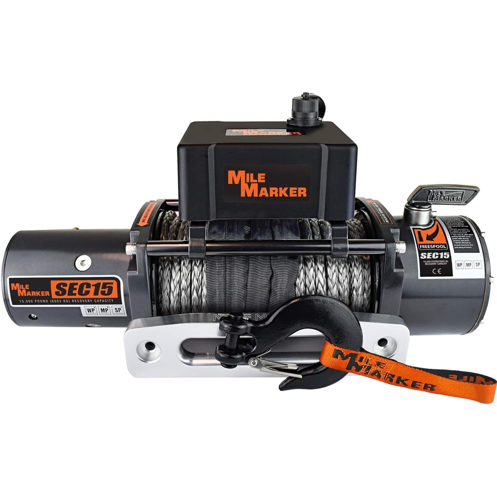 Mile Marker 76-53260W SEC15 Winch - 15000 lb. Pull Strength - Synthetic Rope & Hawse Fairlead - Built for Tough Terrains - Waterproof - Handheld Remote Controller Included - Withstands Rigorous Use