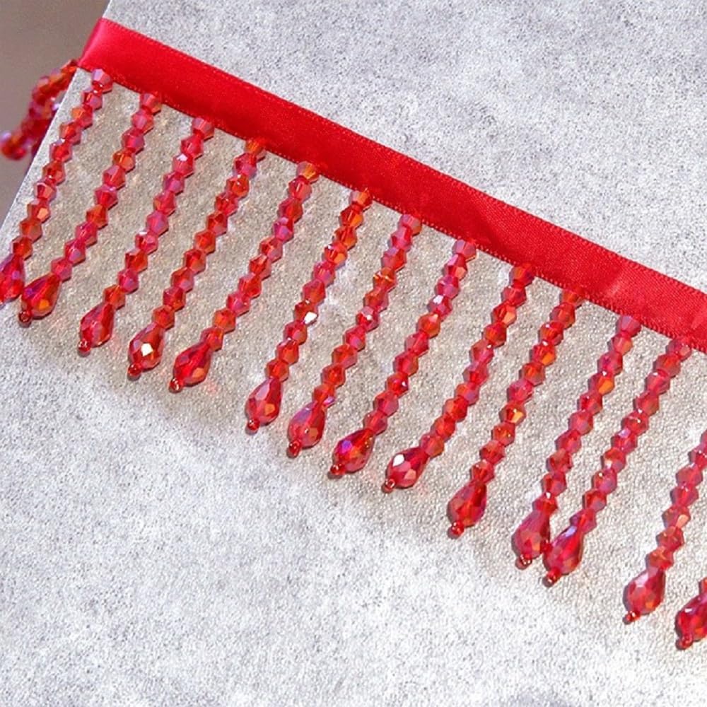 Yalulu 2 Yards Beaded Fringe Trim, Pearl Hanging Pendant Edging Tassel Trimming for Sewing Costume Accessories (Red)