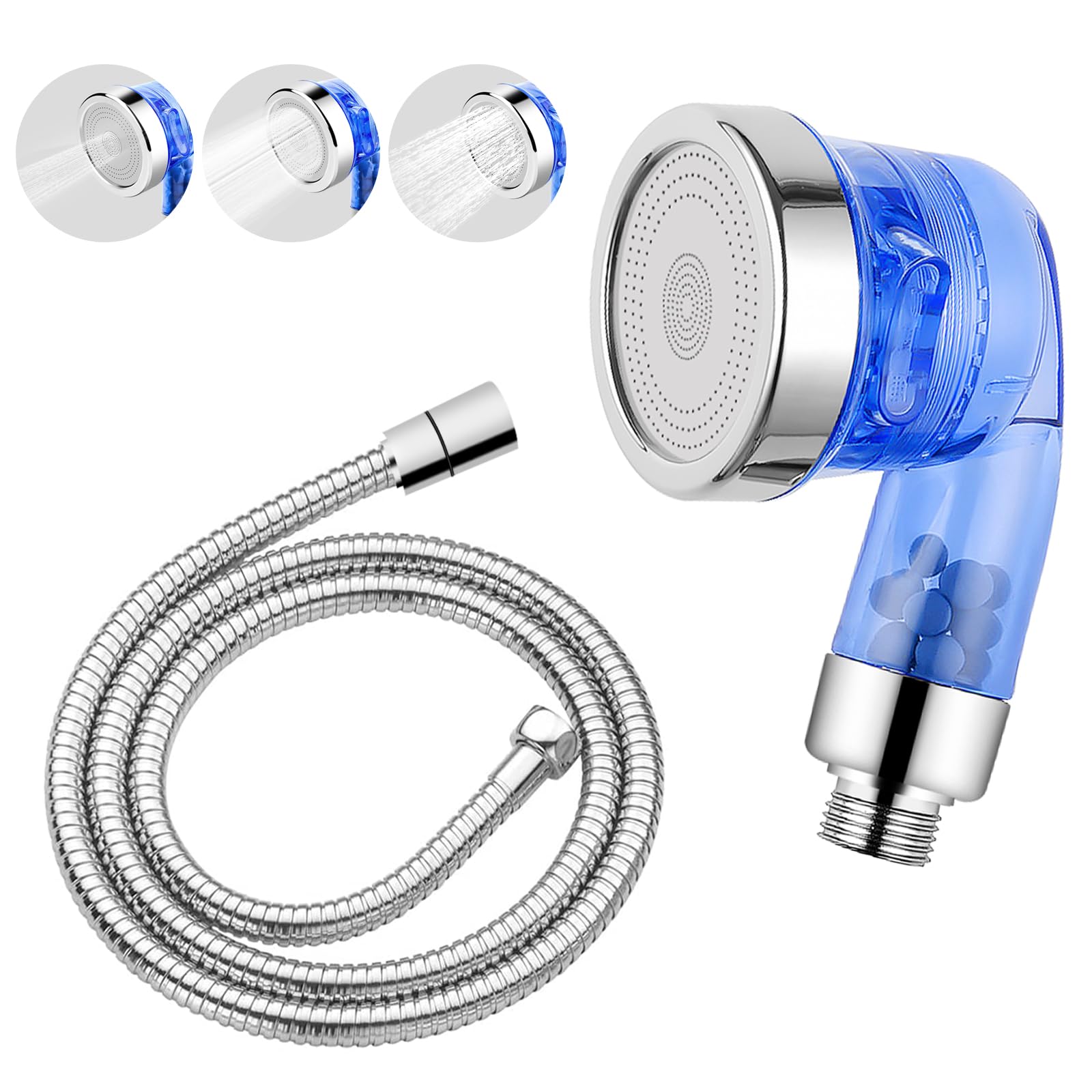 LukLoy Blue Shampoo Bowl Sprayer Head with Filter, 1/4" Nut Shampoo Bowl Hose(Stainless Steel Material) for Portable Salon Sink, 3 Sprayer Modes & High Pressure
